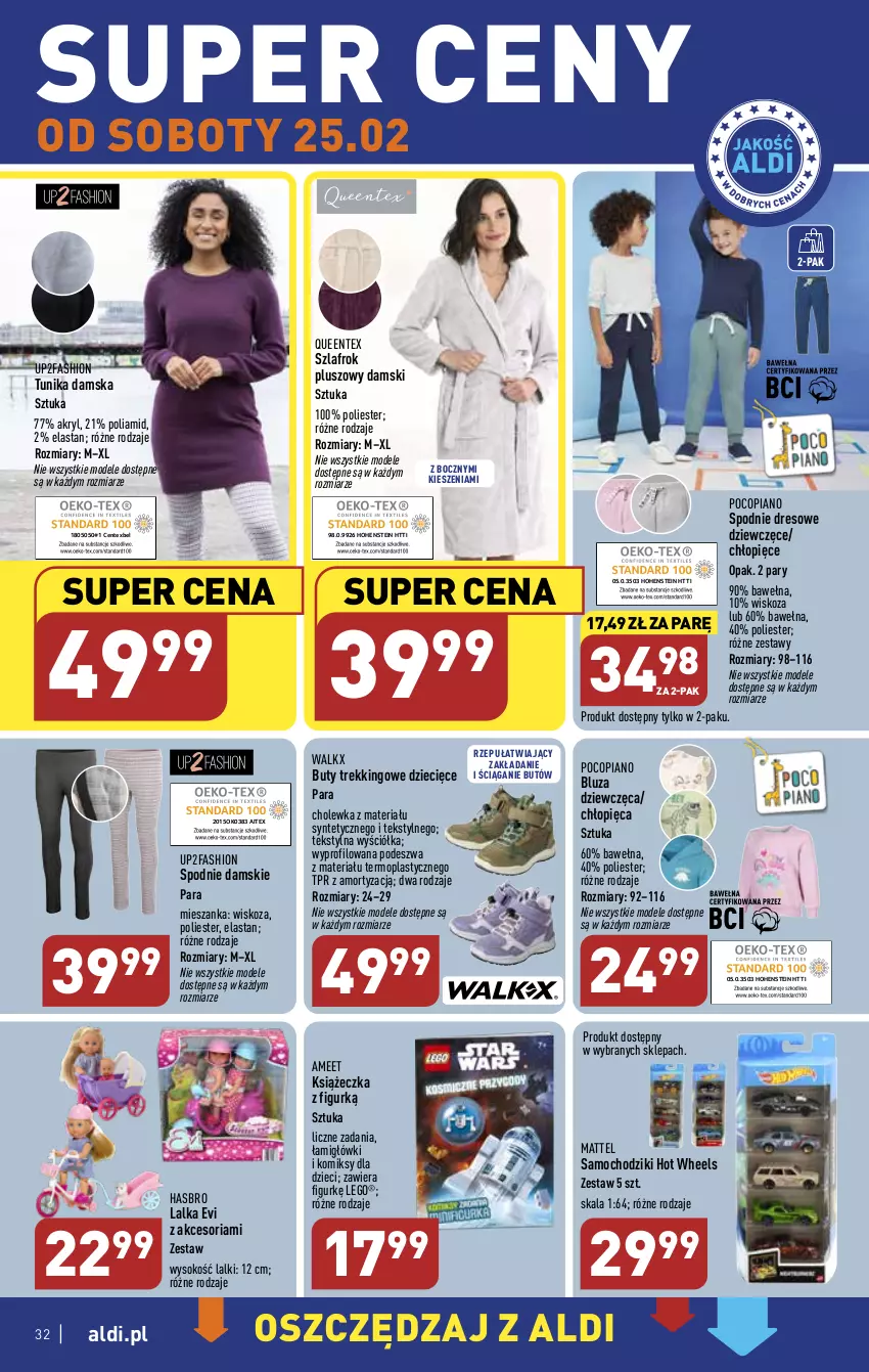 Gazetka promocyjna Aldi - Pełny katalog - ważna 20.02 do 25.02.2023 - strona 32 - produkty: Bluza, Buty, Chodzik, Dres, Dzieci, Fa, Hasbro, Hot Wheels, Lalka, LEGO, Mattel, Mop, Pocopiano, Queentex, Samochodziki, Sok, Spodnie, Spodnie dresowe, Szlafrok, Tunika, Wełna