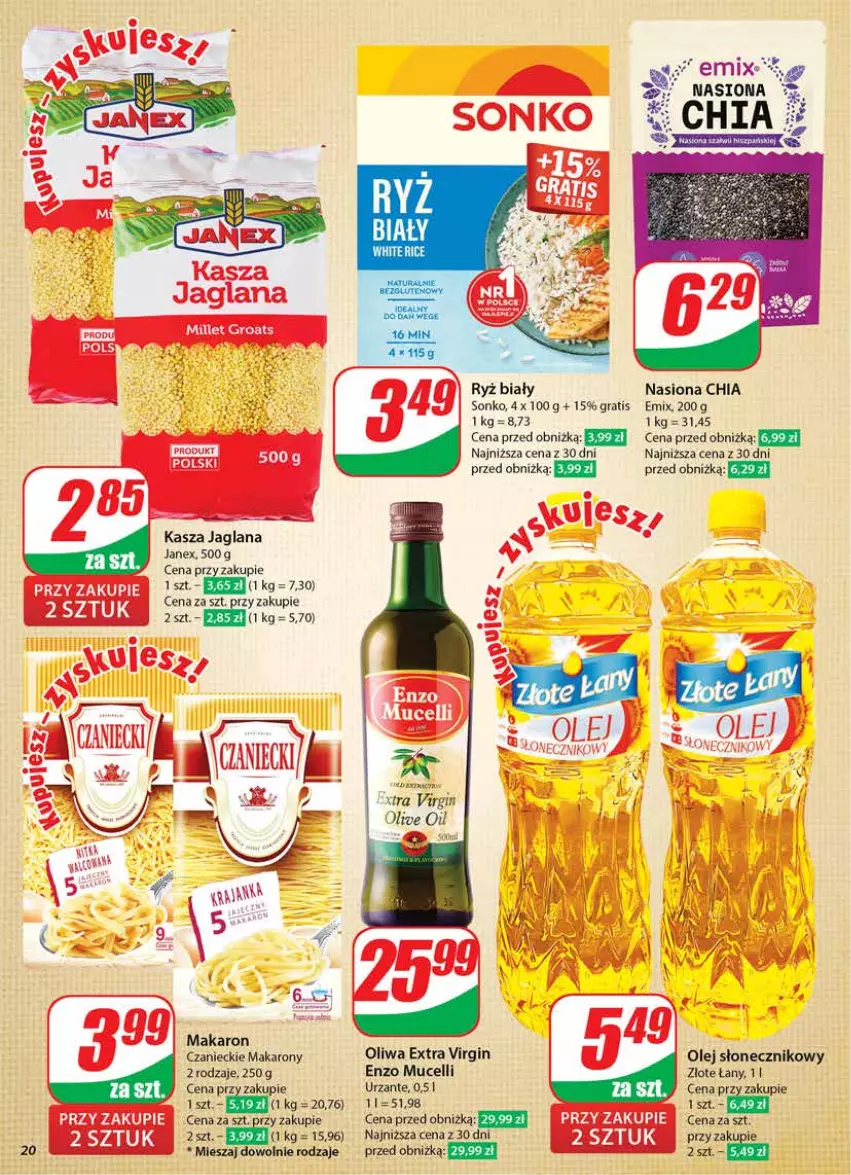 Gazetka promocyjna Dino - Gazetka 41 / 2024 - ważna 09.10 do 15.10.2024 - strona 20 - produkty: Chia, Gin, Gra, K2, Kasza, Kasza jaglana, LANA, Makaron, Olej, Olej słonecznikowy, Ryż, Ryż biały, Sonko