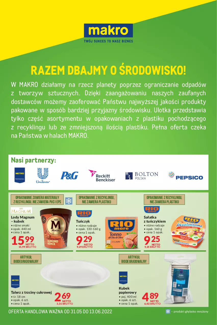 Gazetka promocyjna Makro - [Oferta specjalna] Razem dbajmy o środowisko - ważna 31.05 do 13.06.2022 - strona 1 - produkty: Fa, Gra, Kubek, Kubek papierowy, Lody, Papier, Sałat, Sałatka, Talerz, Tuńczyk