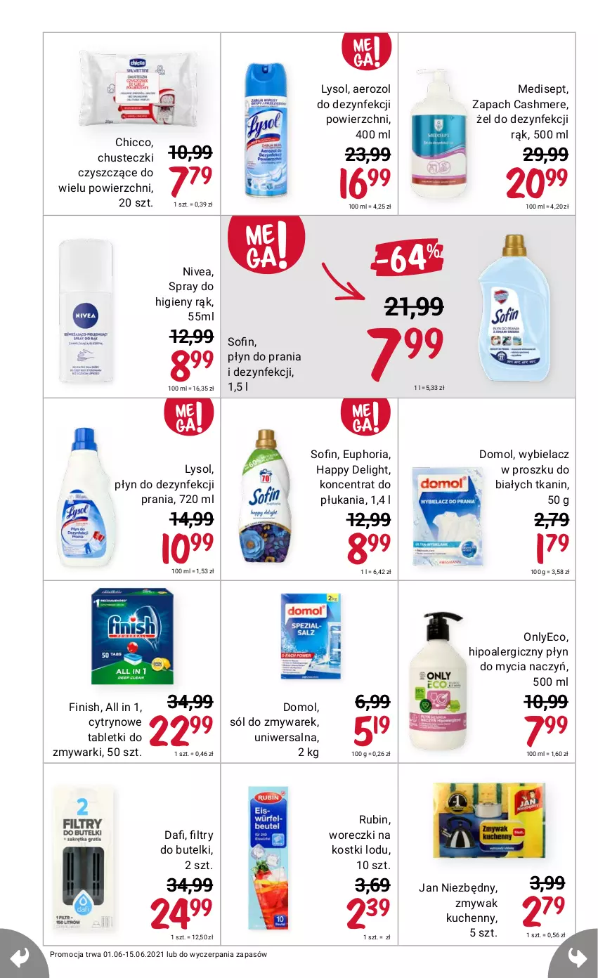 Gazetka promocyjna Rossmann - Czerwiec I - ważna 01.06 do 15.06.2021 - strona 10 - produkty: Chicco, Chusteczki, Do mycia naczyń, Domol, Finish, Jan Niezbędny, Lysol, Nivea, Płyn do mycia, Płyn do mycia naczyń, Płyn do prania, Rubin, Sól, Tablet, Tabletki do zmywarki, Zmywarki