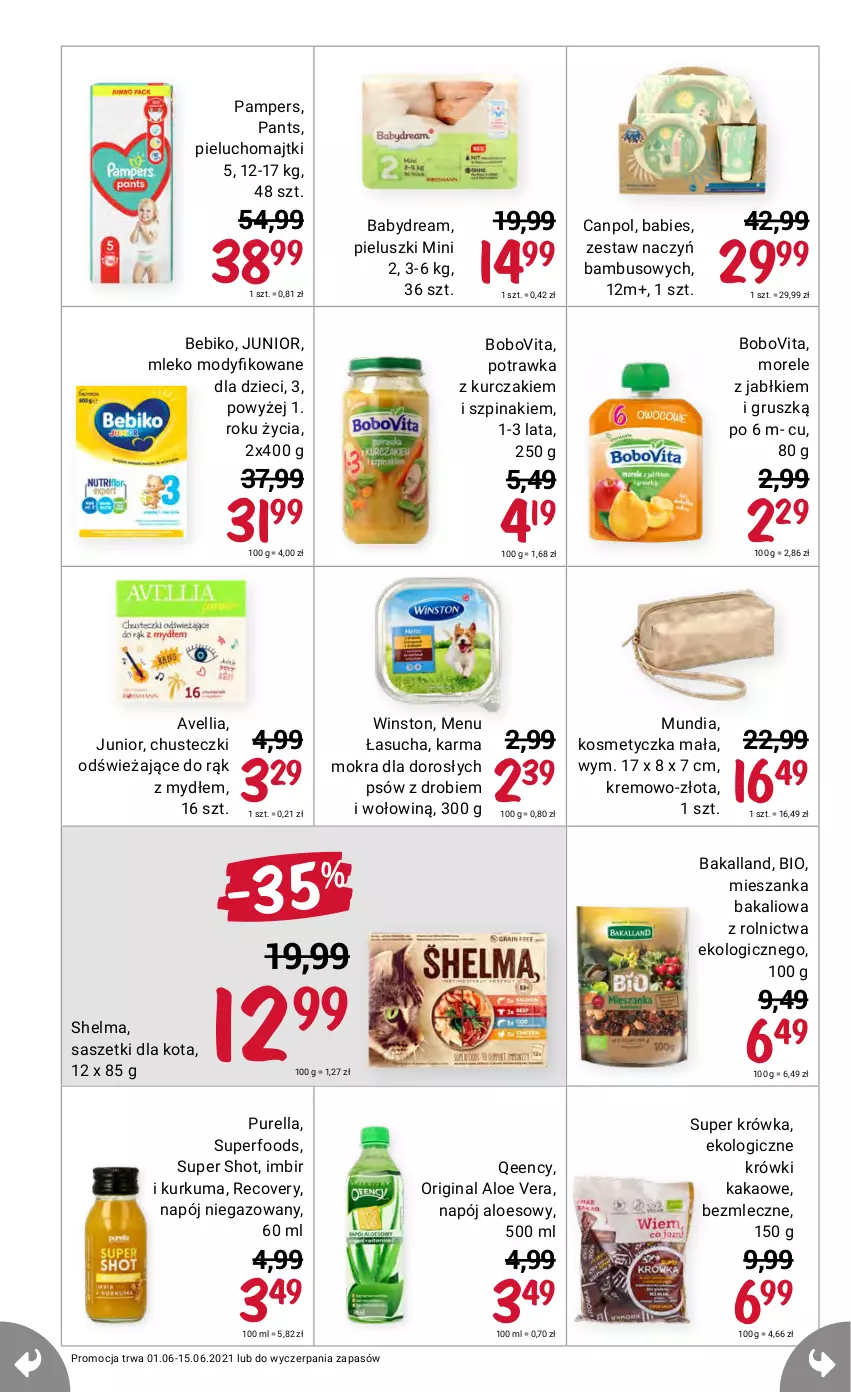 Gazetka promocyjna Rossmann - Czerwiec I - ważna 01.06 do 15.06.2021 - strona 12 - produkty: Aloe vera, Babydream, Bakalland, Bebiko, BoboVita, Canpol, Chusteczki, Dzieci, Gin, Imbir, Kakao, Kosmetyczka, Kurczak, Kurkuma, Majtki, Mieszanka bakaliowa, Mleko, Mleko modyfikowane, Napój, Napój niegazowany, Pampers, Pieluchomajtki, Pur, Szpinak, Winston