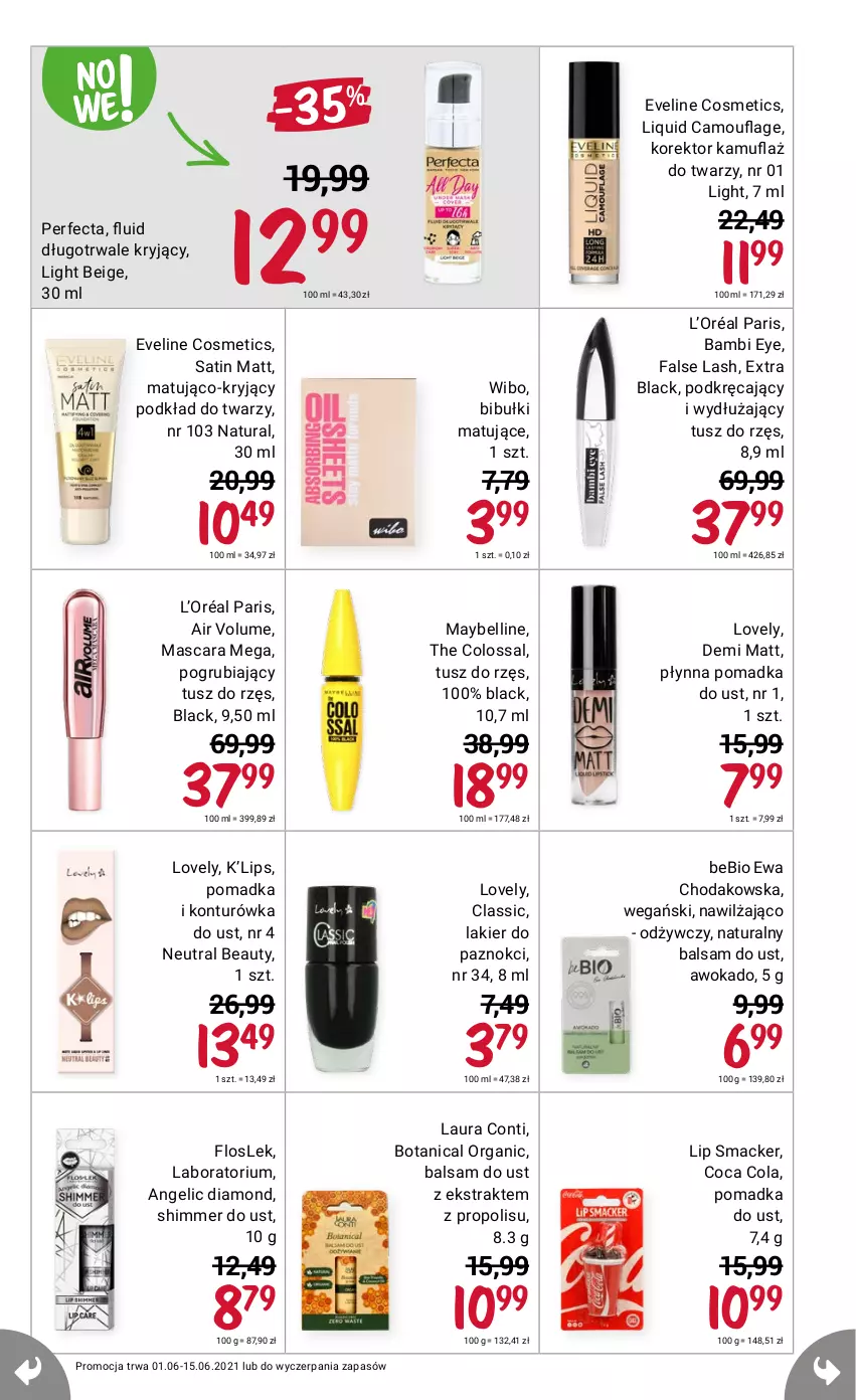 Gazetka promocyjna Rossmann - Czerwiec I - ważna 01.06 do 15.06.2021 - strona 3 - produkty: Balsam do ust, Bell, Bibułki, Eveline, Fa, Konturówka do ust, L’Oréal, Lack, Lakier, Lakier do paznokci, Laur, Laura Conti, Lovely, Maybelline, Perfecta, Podkład, Podkład do twarzy, Propolis, Sati, Tusz, Wibo