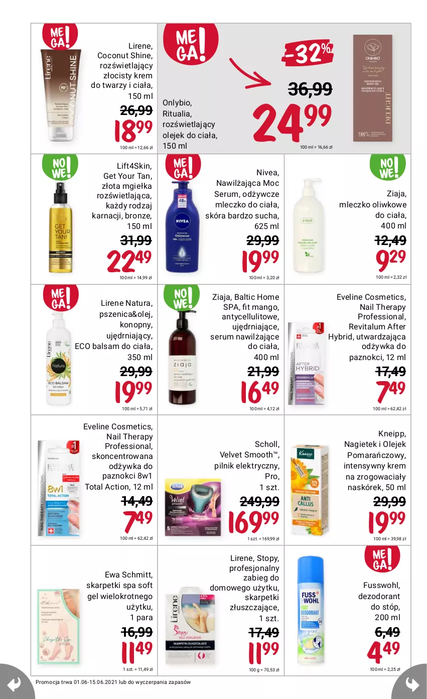 Gazetka promocyjna Rossmann - Czerwiec I - ważna 01.06 do 15.06.2021 - strona 6 - produkty: Balsam do ciała, Dezodorant, Eveline, Ewa Schmitt, Karp, Kneipp, Krem do twarzy, Lirene, Mango, Mleczko, Mleczko do ciała, Nivea, Odżywka, Olej, Olejek do ciała, Pilnik, Rum, Scholl, Ser, Serum, Skarpetki, Top, Velvet, Ziaja