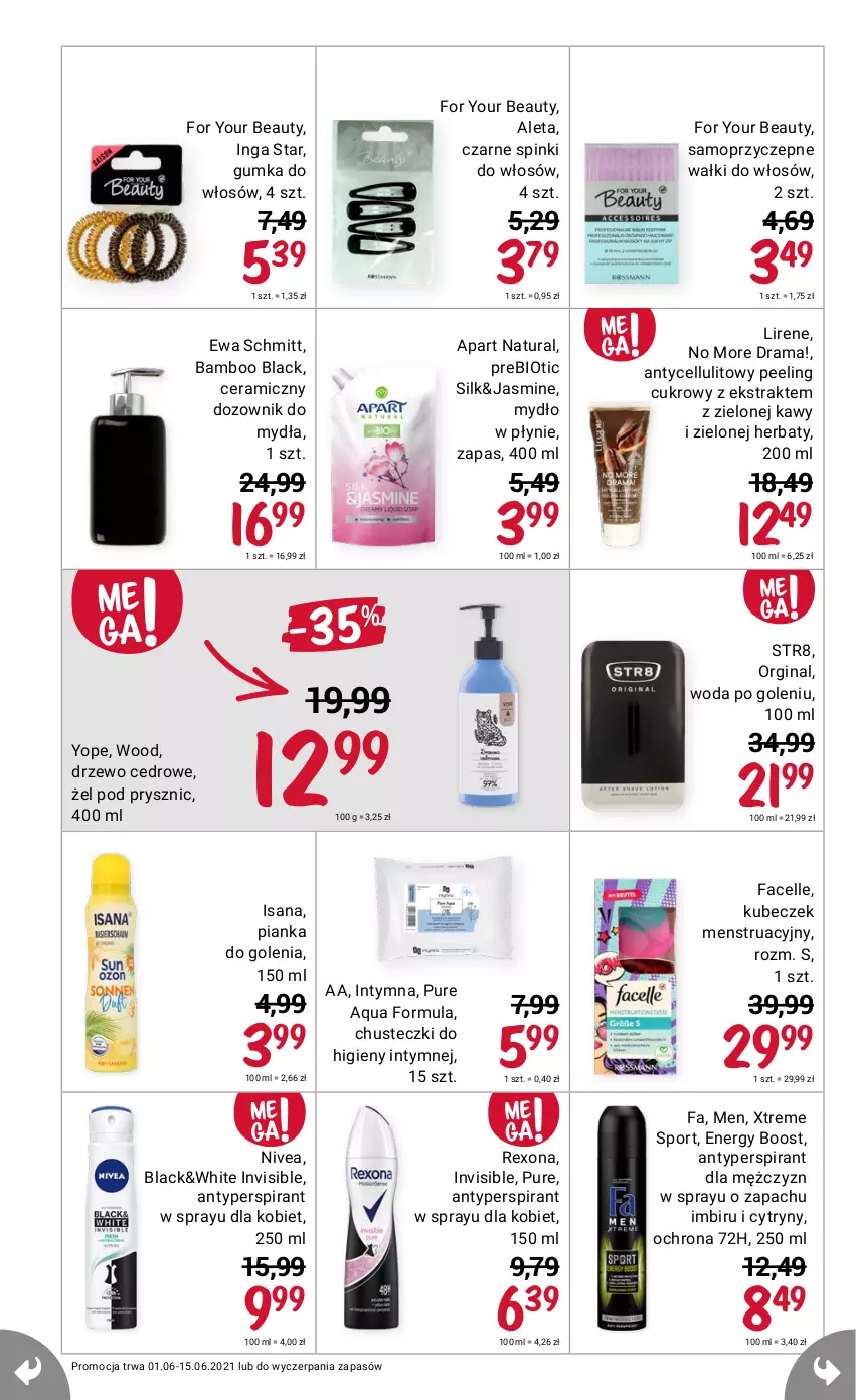 Gazetka promocyjna Rossmann - Czerwiec I - ważna 01.06 do 15.06.2021 - strona 8 - produkty: Antyperspirant, Chusteczki, Chusteczki do higieny, Cytryny, Dozownik, Ewa Schmitt, Fa, Facelle, For Your Beauty, Gin, Imbir, Isana, Lack, Lirene, Mop, Mydło, Mydło w płynie, Nivea, Peeling, Pianka do golenia, Por, Pur, Rama, Rexona, Sport, Str8, Woda, Woda po goleniu, Yope