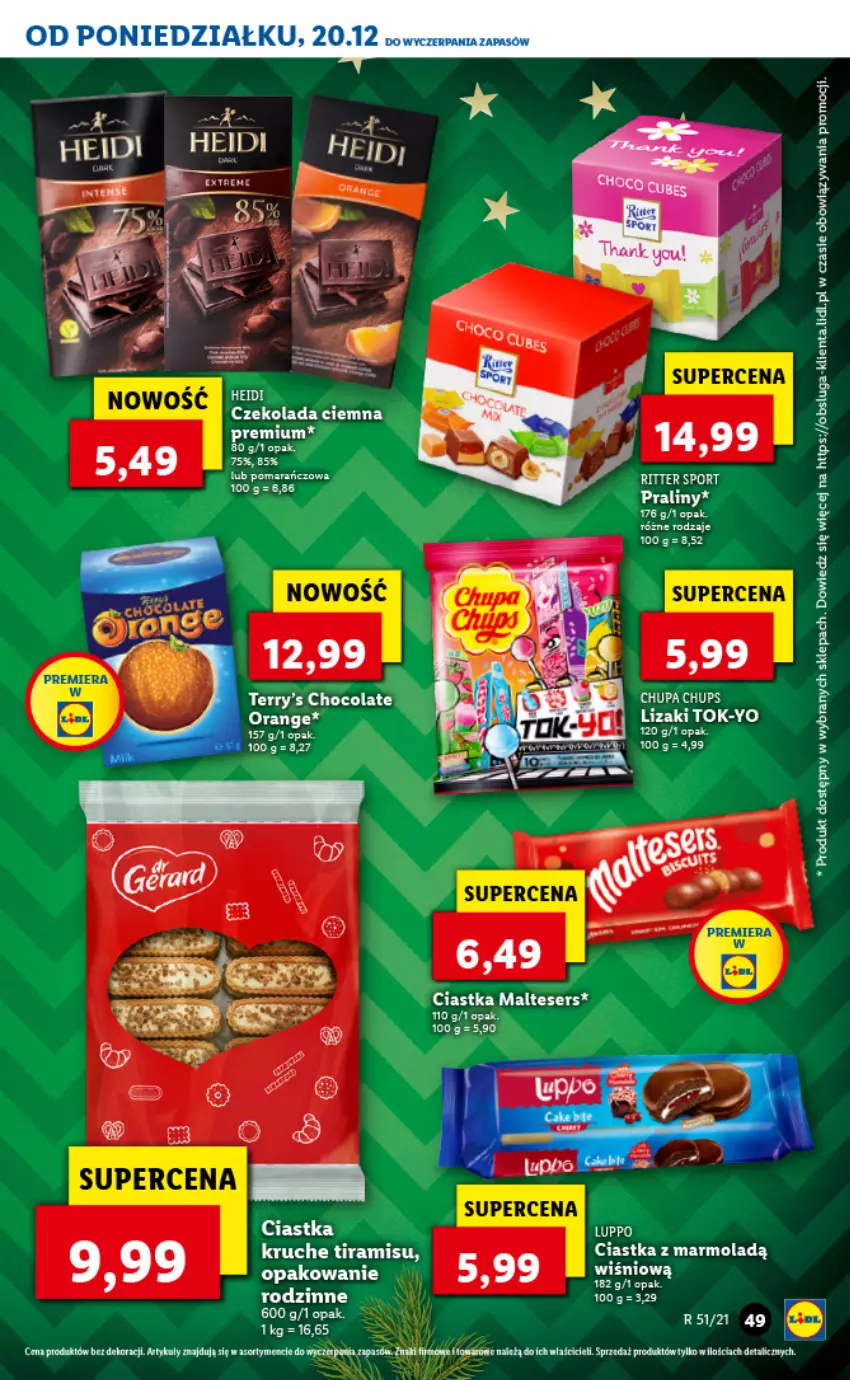 Gazetka promocyjna Lidl - GAZETKA - ważna 20.12 do 24.12.2021 - strona 49 - produkty: Chupa Chups, Ciastka, Czekolada, Lizaki, Mola, Por, Praliny, Ritter Sport, Ser, Sport