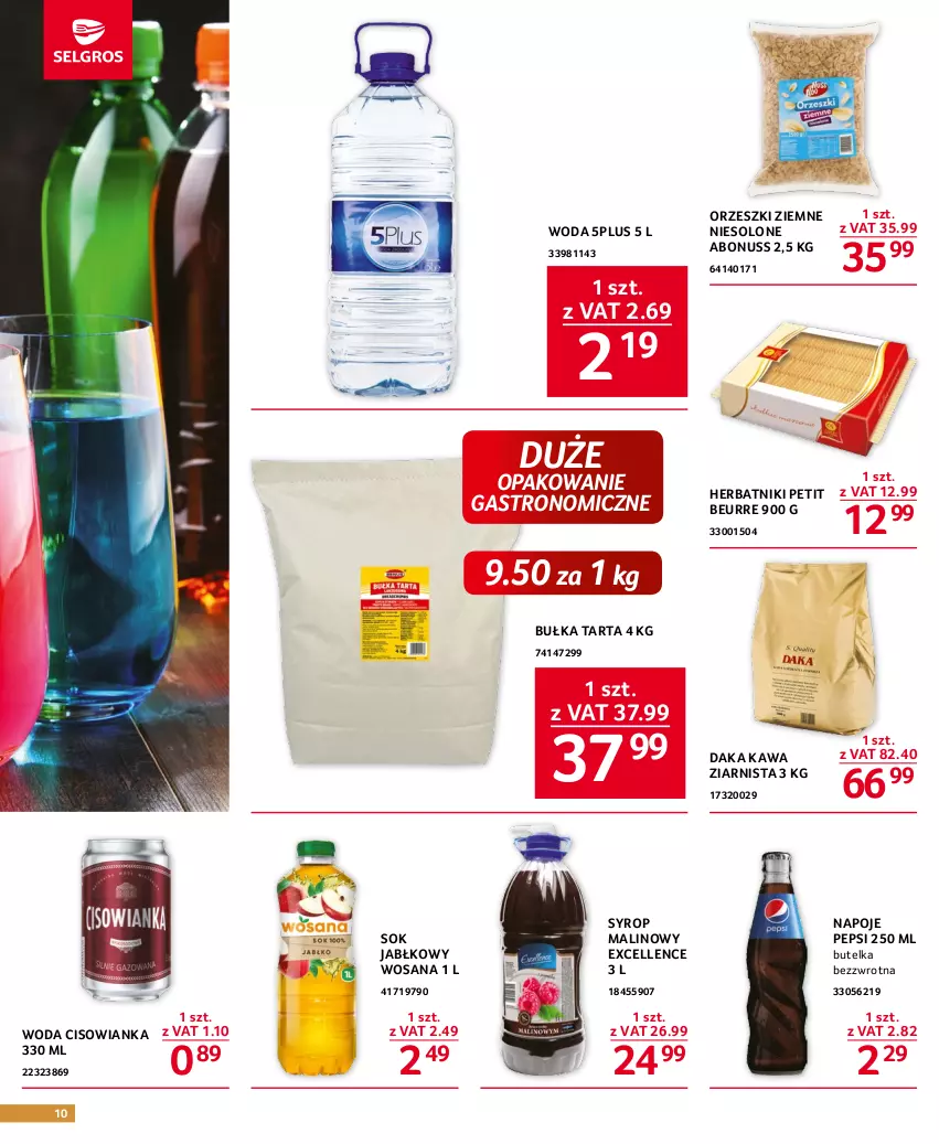 Gazetka promocyjna Selgros - Oferta gastronomiczna - ważna 18.05 do 31.05.2023 - strona 10 - produkty: Bułka, Bułka tarta, Cisowianka, Herbatniki, Herbatniki Petit Beurre, Kawa, Kawa ziarnista, Napoje, Orzeszki, Orzeszki ziemne, Pepsi, Sok, Sok jabłkowy, Syrop, Tarta, Woda, Wosana