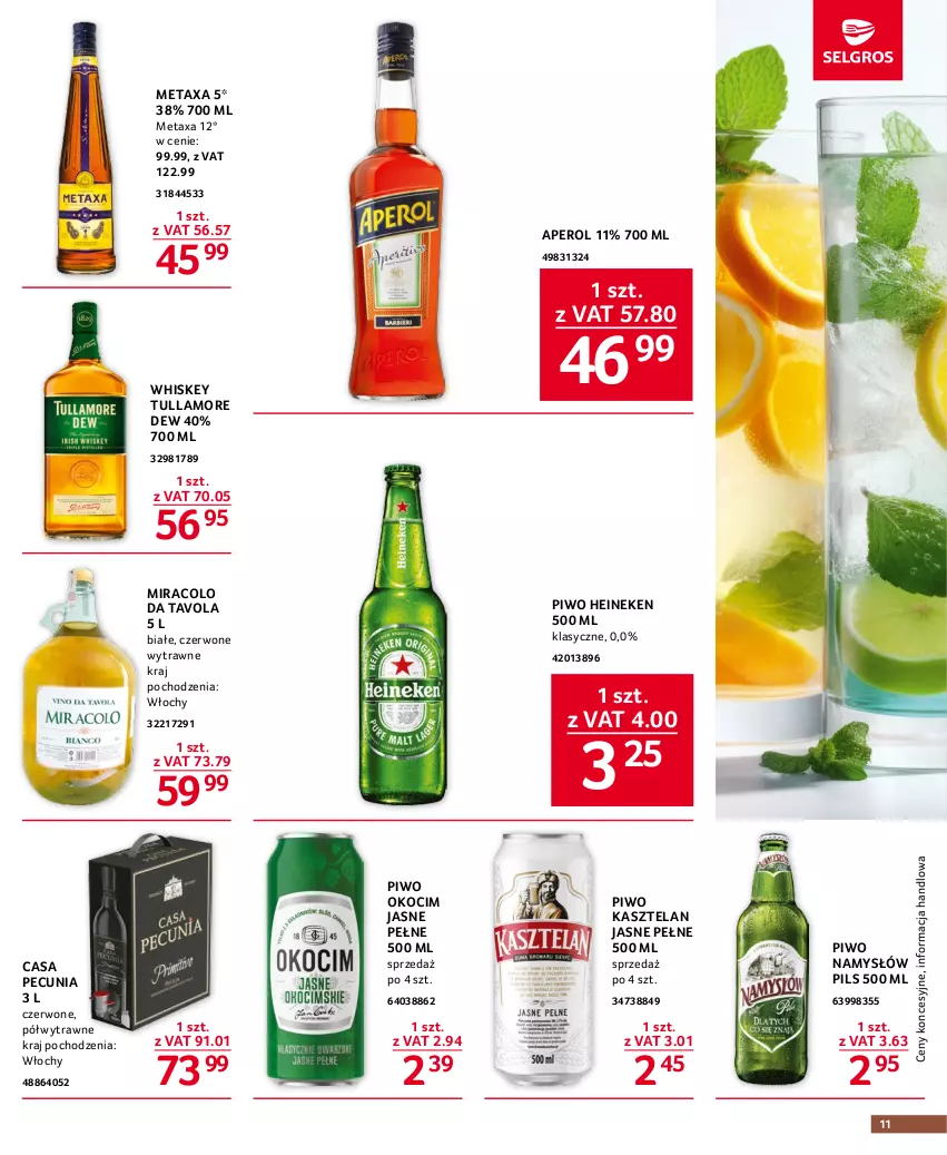 Gazetka promocyjna Selgros - Oferta gastronomiczna - ważna 18.05 do 31.05.2023 - strona 11 - produkty: Aperol, Heineken, Kasztelan, Koc, Metaxa, Namysłów, Okocim, Piwo, Tullamore Dew, Whiskey