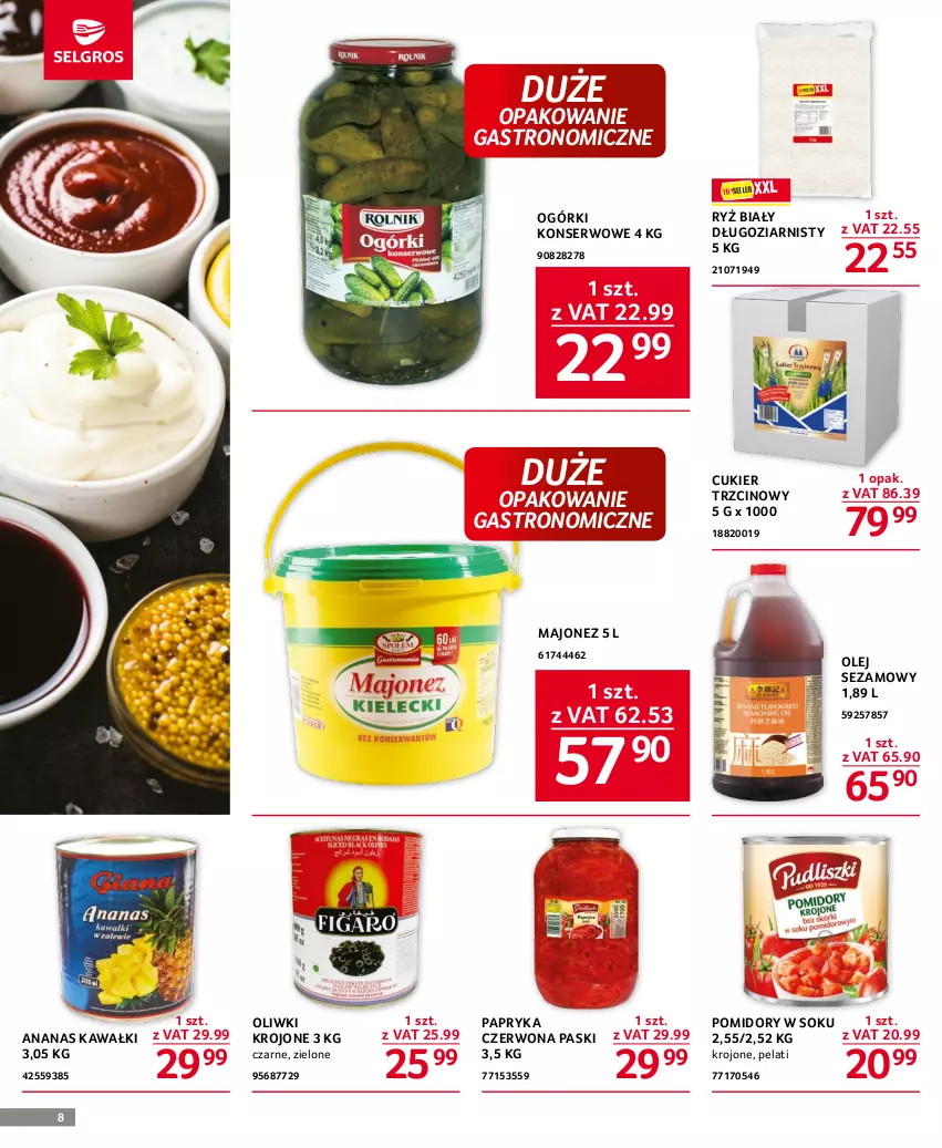 Gazetka promocyjna Selgros - Oferta gastronomiczna - ważna 18.05 do 31.05.2023 - strona 8 - produkty: Ananas, Cukier, Cukier trzcinowy, Kawa, Majonez, Ogórki konserwowe, Olej, Olej sezamowy, Oliwki, Papryka, Papryka czerwona, Pomidory, Ryż, Ryż biały, Ser, Sezam, Sok