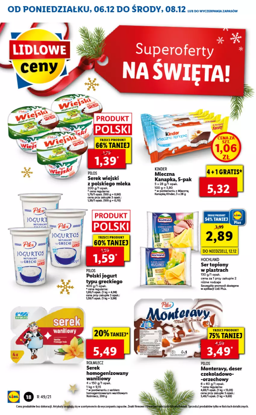 Gazetka promocyjna Lidl - GAZETKA - ważna 06.12 do 08.12.2021 - strona 18 - produkty: Deser, Gra, Hochland, Jogurt, Kinder, Miecz, Monte, Pilos, Por, Ser, Serek, Serek wiejski, Tera