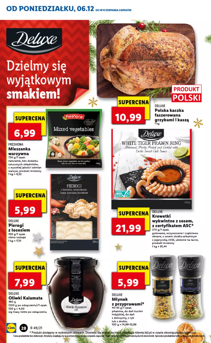 Gazetka promocyjna Lidl - GAZETKA - ważna 06.12 do 08.12.2021 - strona 28 - produkty: Fa, Kaczka, Kaczka faszerowana, Krewetki, LG, Mieszanka warzyw, Młynek, Oliwki, Pierogi, Sok, Sos, Tiger