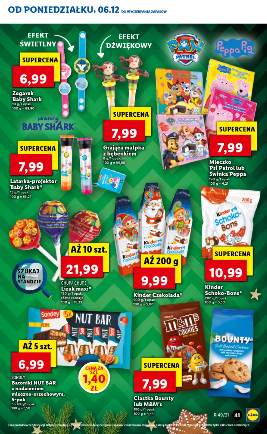 Gazetka promocyjna Lidl - GAZETKA - ważna 06.12 do 08.12.2021 - strona 41 - produkty: Baton, Bounty, Ciastka, Czekolada, Fa, Gra, Inka, Kinder, Latarka, LG, Mleczko, Por, Psi Patrol, Tarka, Tonik, Zegar, Zegarek