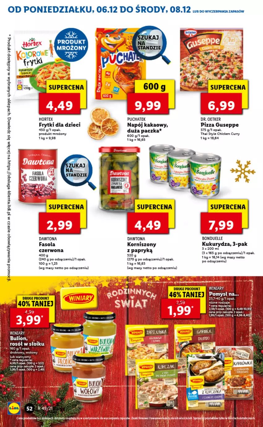 Gazetka promocyjna Lidl - GAZETKA - ważna 06.12 do 08.12.2021 - strona 52 - produkty: Bonduelle, Dawtona, Dr. Oetker, Dzieci, Fa, Fasola, Frytki, Hortex, Kakao, Korniszony, Kukurydza, LG, Napój, Pizza