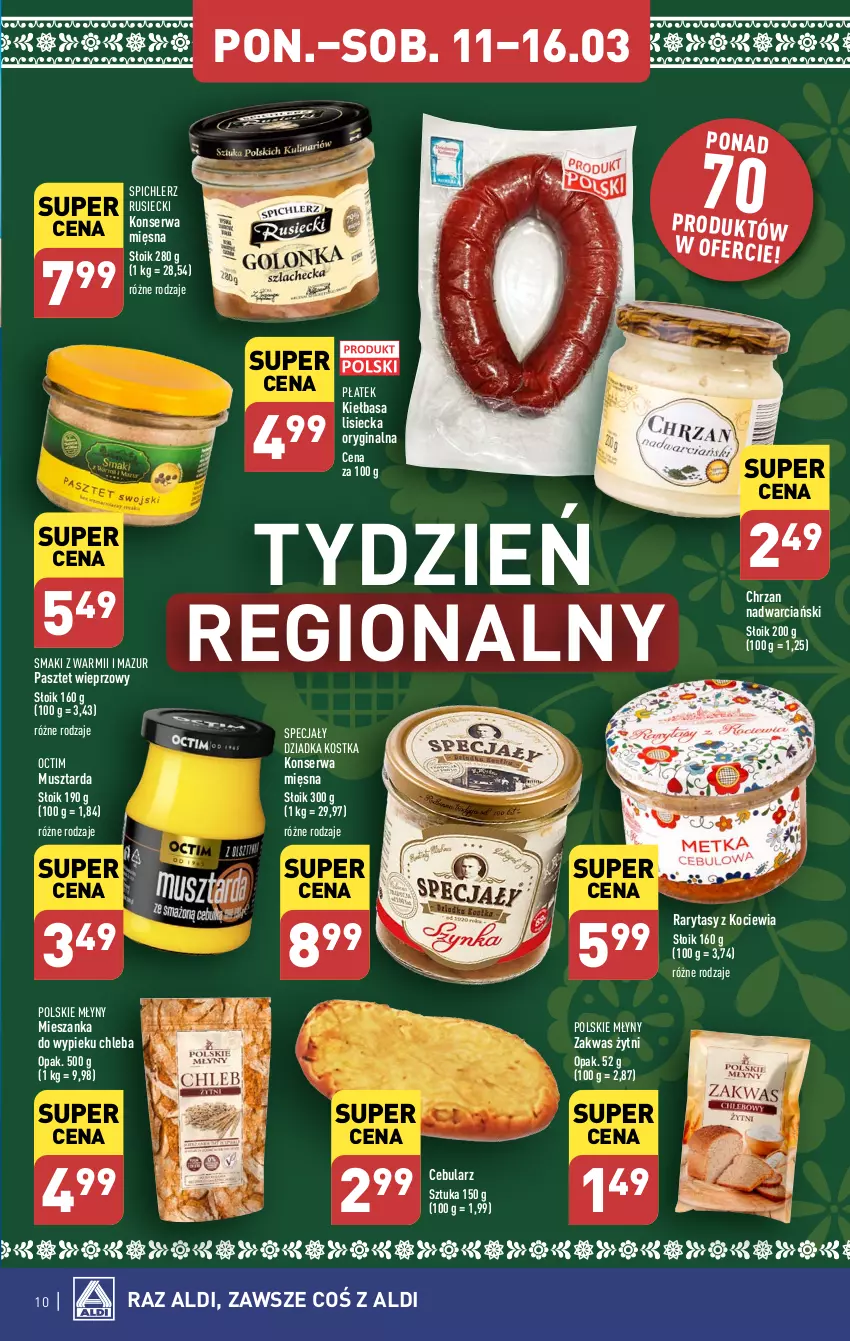 Gazetka promocyjna Aldi - Pełna oferta - ważna 11.03 do 16.03.2024 - strona 10 - produkty: Cebula, Chleb, Chrzan, Gin, Kiełbasa, Koc, Mus, Musztarda, Pasztet, Polskie Młyny, Ser, Spichlerz Rusiecki