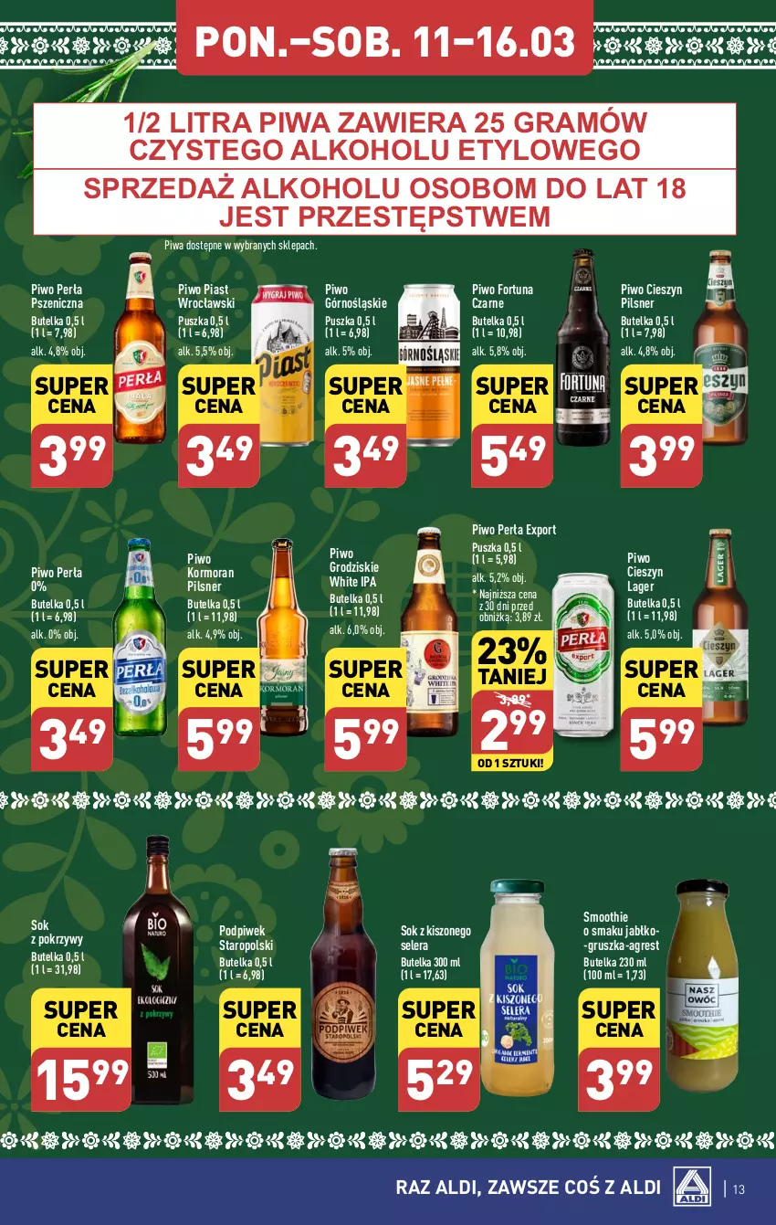 Gazetka promocyjna Aldi - Pełna oferta - ważna 11.03 do 16.03.2024 - strona 13 - produkty: Fortuna, Gra, Gres, Perła, Piast, Piwa, Piwo, Por, Smoothie, Sok