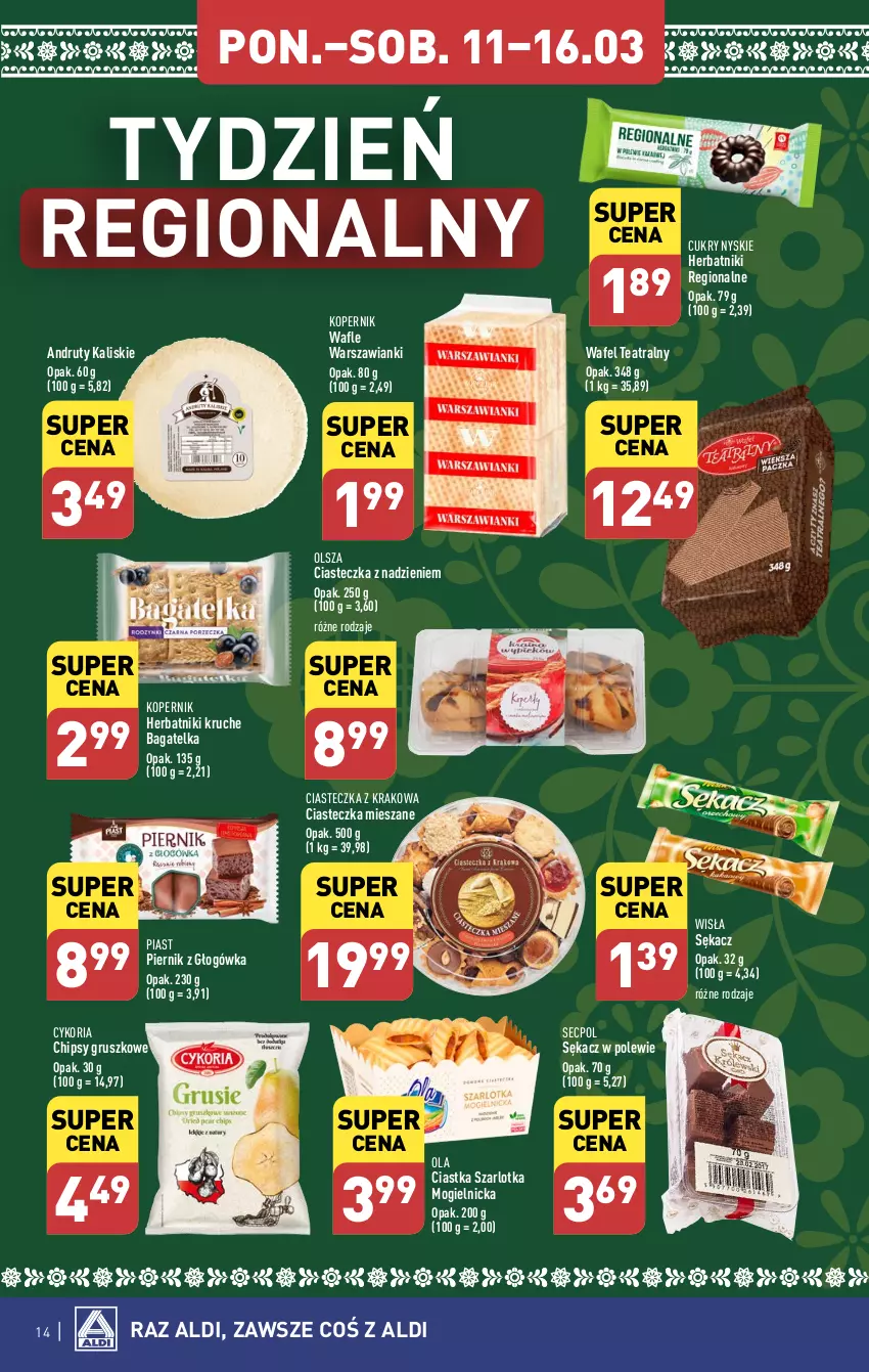 Gazetka promocyjna Aldi - Pełna oferta - ważna 11.03 do 16.03.2024 - strona 14 - produkty: Chipsy, Ciastka, Herbatniki, Piast, Piernik, Sękacz, Szarlotka, Wafle