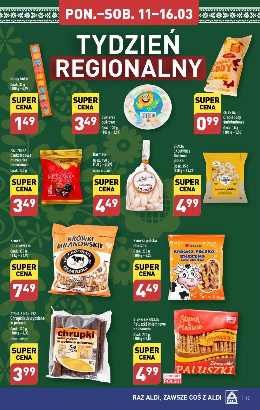 Gazetka promocyjna Aldi - Pełna oferta - ważna 11.03 do 16.03.2024 - strona 15 - produkty: Chrupki, Ciepłe lody, Cukier, Cukierki, Jabłka, Lody, Sezam