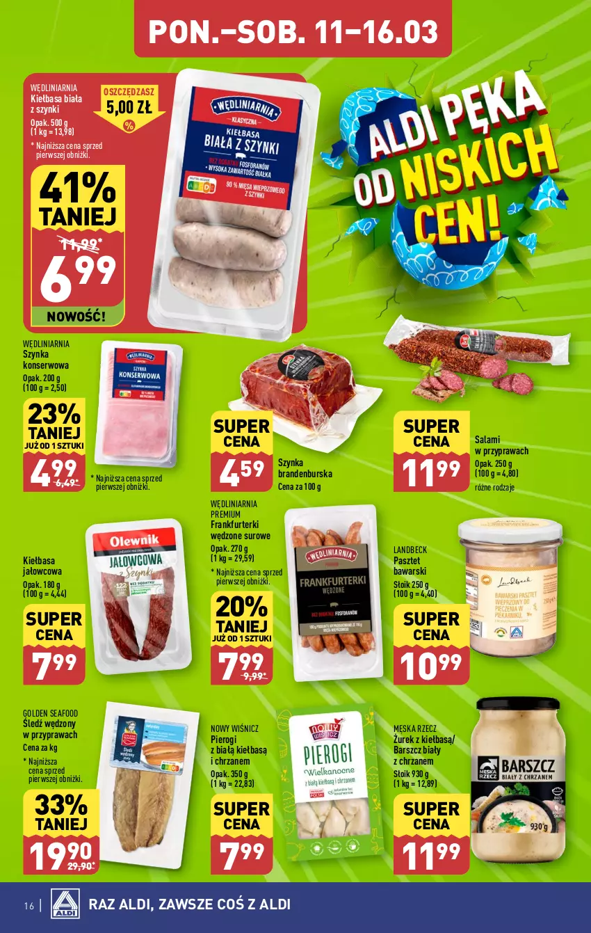 Gazetka promocyjna Aldi - Pełna oferta - ważna 11.03 do 16.03.2024 - strona 16 - produkty: Chrzan, Frankfurterki, Golden Seafood, Kiełbasa, Kiełbasa biała, Pasztet, Pierogi, Salami, Ser, Szynka, Szynka konserwowa