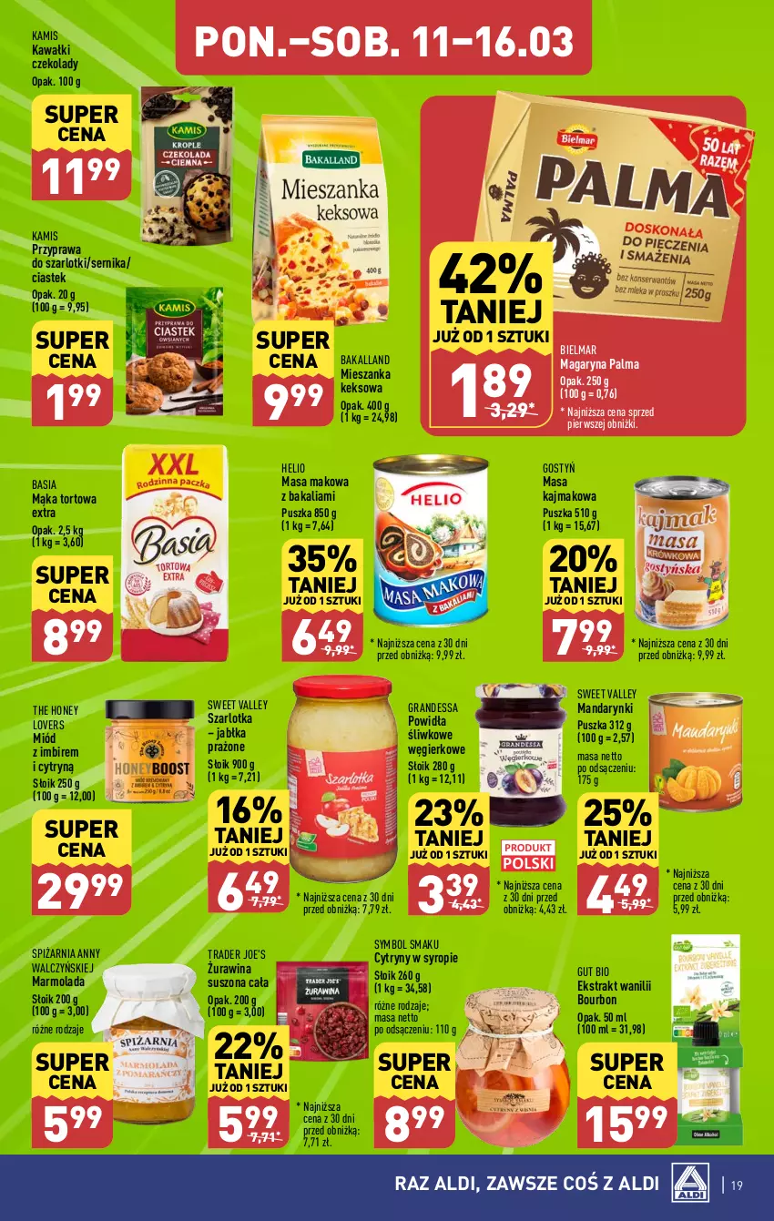 Gazetka promocyjna Aldi - Pełna oferta - ważna 11.03 do 16.03.2024 - strona 19 - produkty: Bakalland, Basia, Bourbon, Cytryny, Gra, Helio, Imbir, Jabłka, Jabłka prażone, Kamis, Kawa, Mąka, Mąka tortowa, Mandarynki, Marmolada, Miód, Mola, Palma, Przyprawa do szarlotki, Ser, Stek, Syrop, Szarlotka