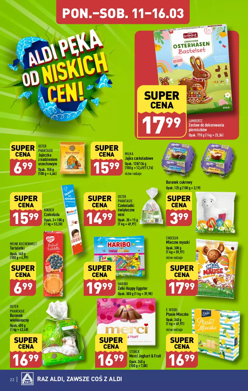 Gazetka promocyjna Aldi - Pełna oferta - ważna 11.03 do 16.03.2024 - strona 22 - produkty: Czekolada, E. Wedel, Haribo, Kinder, Merci, Milka, Mleczko, Mysz, Ptasie mleczko, Tarta