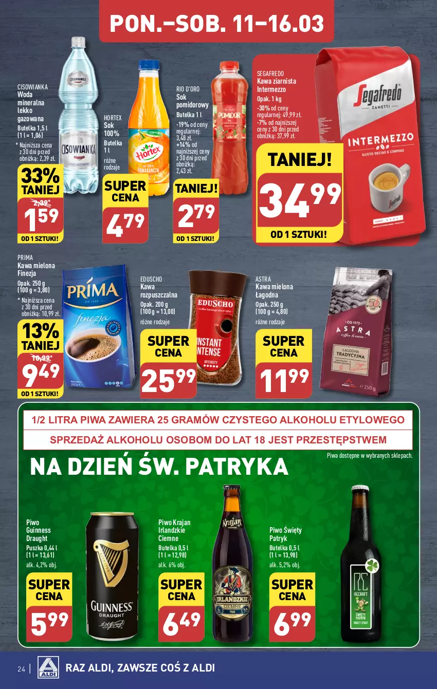 Gazetka promocyjna Aldi - Pełna oferta - ważna 11.03 do 16.03.2024 - strona 24 - produkty: Cisowianka, Gra, Hortex, Kawa, Kawa mielona, Kawa rozpuszczalna, Kawa ziarnista, Piwa, Piwo, Prima, Segafredo, Sok, Sok pomidorowy, Woda, Woda mineralna