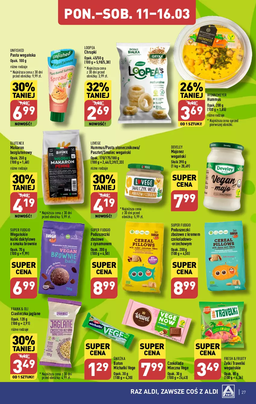 Gazetka promocyjna Aldi - Pełna oferta - ważna 11.03 do 16.03.2024 - strona 27 - produkty: Baton, Brownie, Chrupki, Czekolada, Czekolada mleczna, Hummus, Majonez, Makaron, Michałki, Mus, Pasztet, Smalec, Tenex