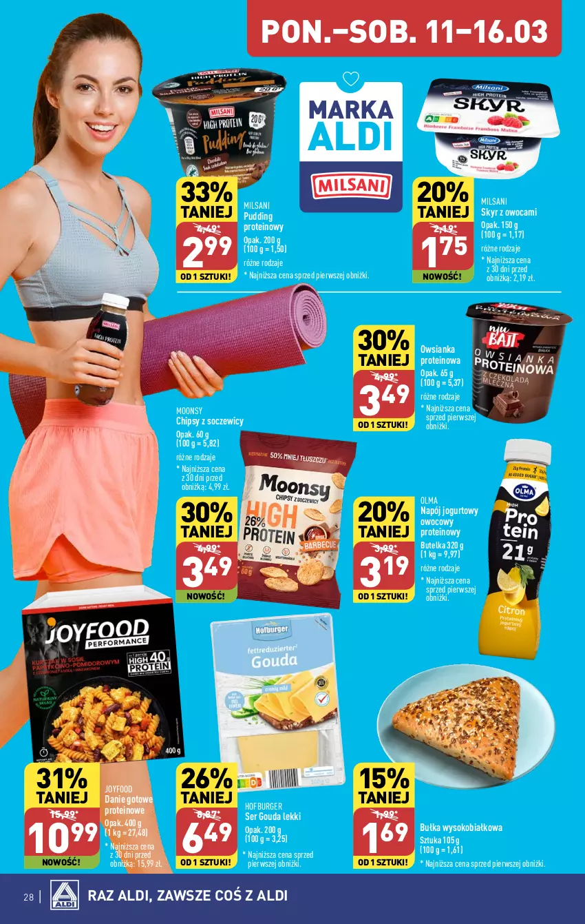 Gazetka promocyjna Aldi - Pełna oferta - ważna 11.03 do 16.03.2024 - strona 28 - produkty: Bułka, Burger, Chipsy, Danie gotowe, Gouda, Hofburger, Jogurt, Napój, Napój jogurtowy, Olma, Owsianka, Pudding, Ser, Sok