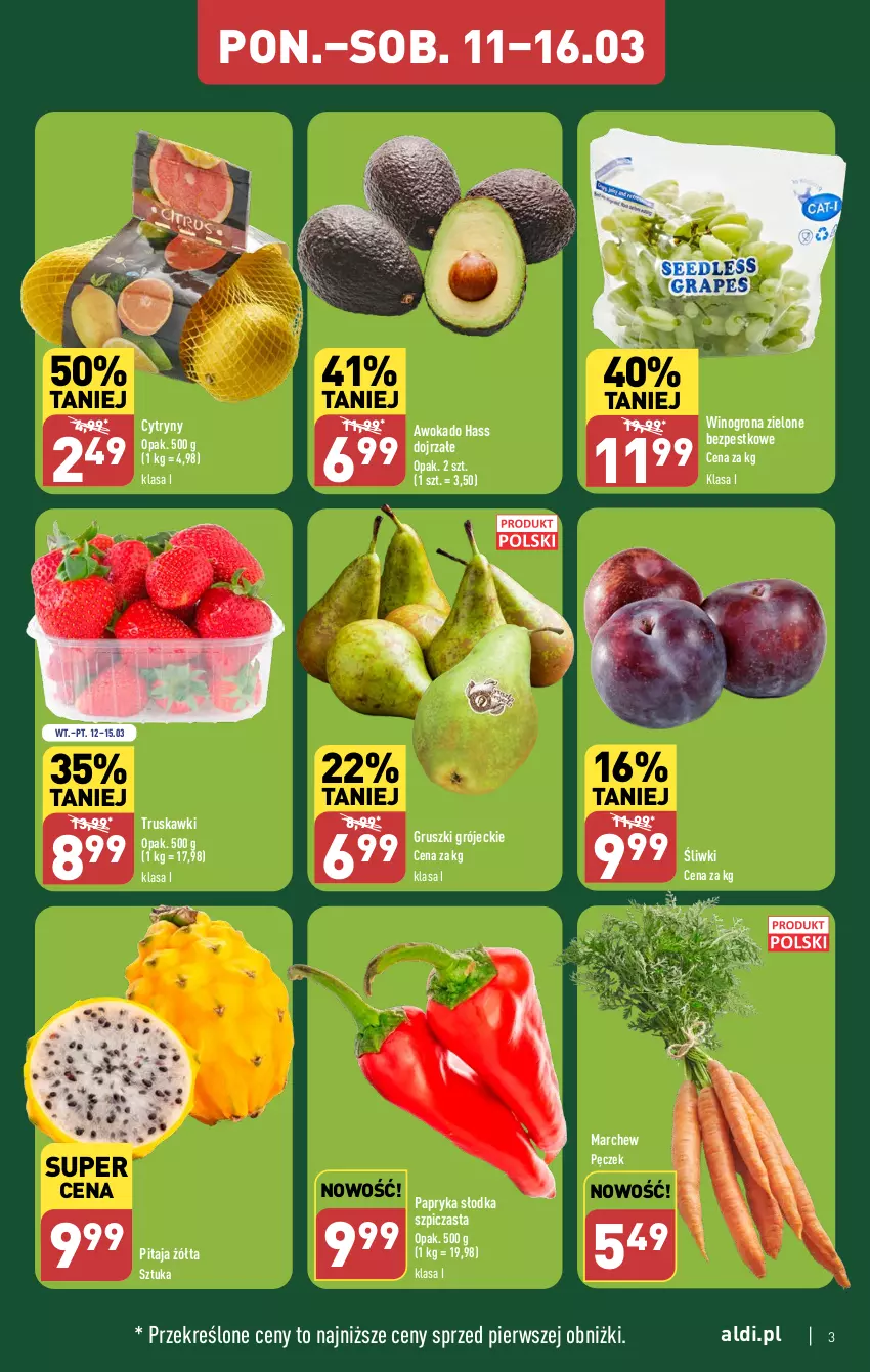 Gazetka promocyjna Aldi - Pełna oferta - ważna 11.03 do 16.03.2024 - strona 3 - produkty: Cytryny, Gruszki, Papryka, Papryka słodka, Szpic, Truskawki, Wino, Winogrona