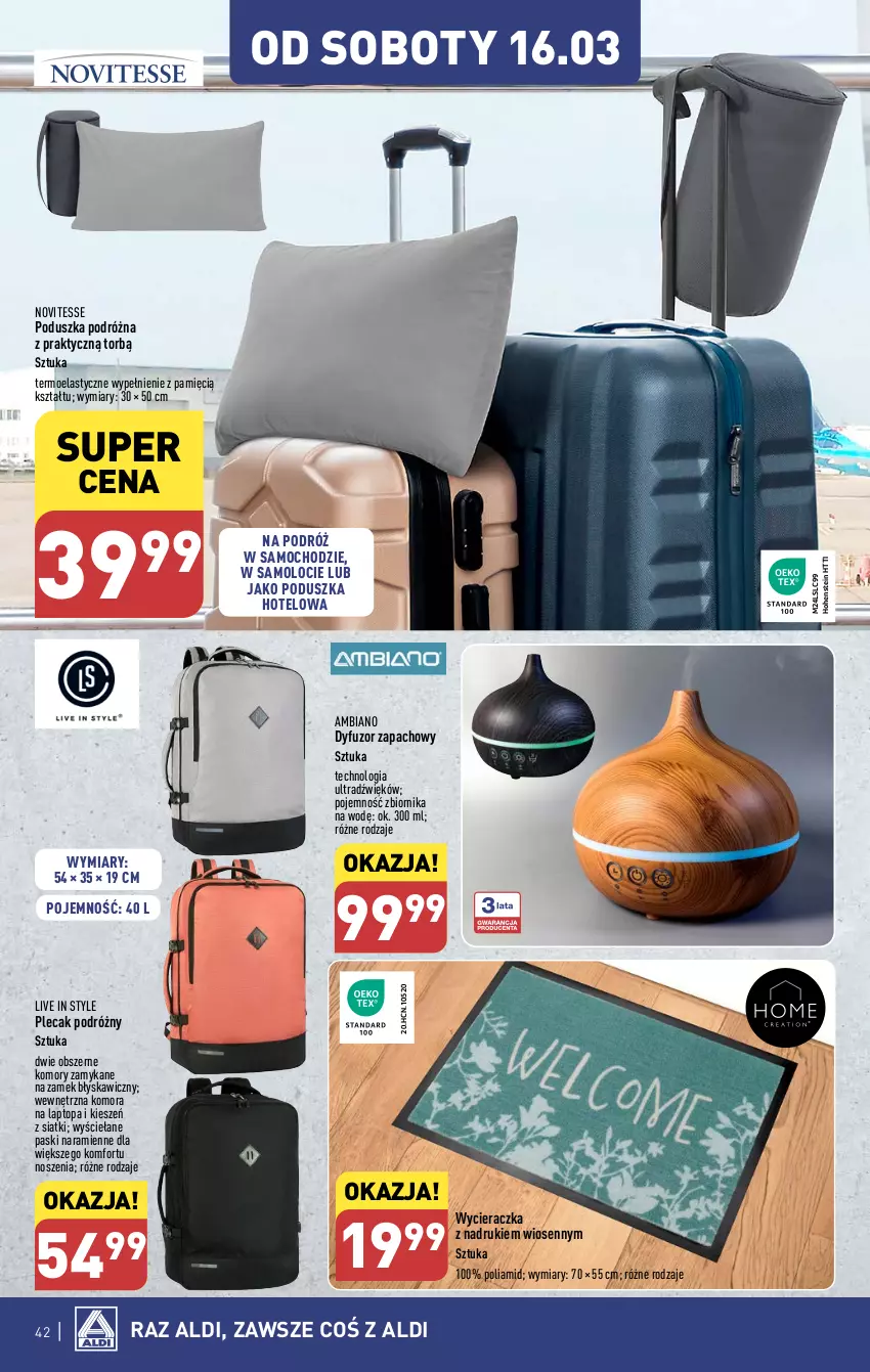 Gazetka promocyjna Aldi - Pełna oferta - ważna 11.03 do 16.03.2024 - strona 42 - produkty: Amol, Dyfuzor zapachowy, Plecak, Poduszka, Top, Wycieraczka