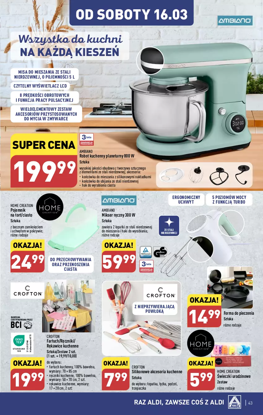 Gazetka promocyjna Aldi - Pełna oferta - ważna 11.03 do 16.03.2024 - strona 43 - produkty: Fa, Fartuch kuchenny, Forma do pieczenia, Mikser, Mikser ręczny, Piec, Pojemnik, Ręcznik, Rękawice, Robot, Ser, Sok, Trzepaczka, Wełna