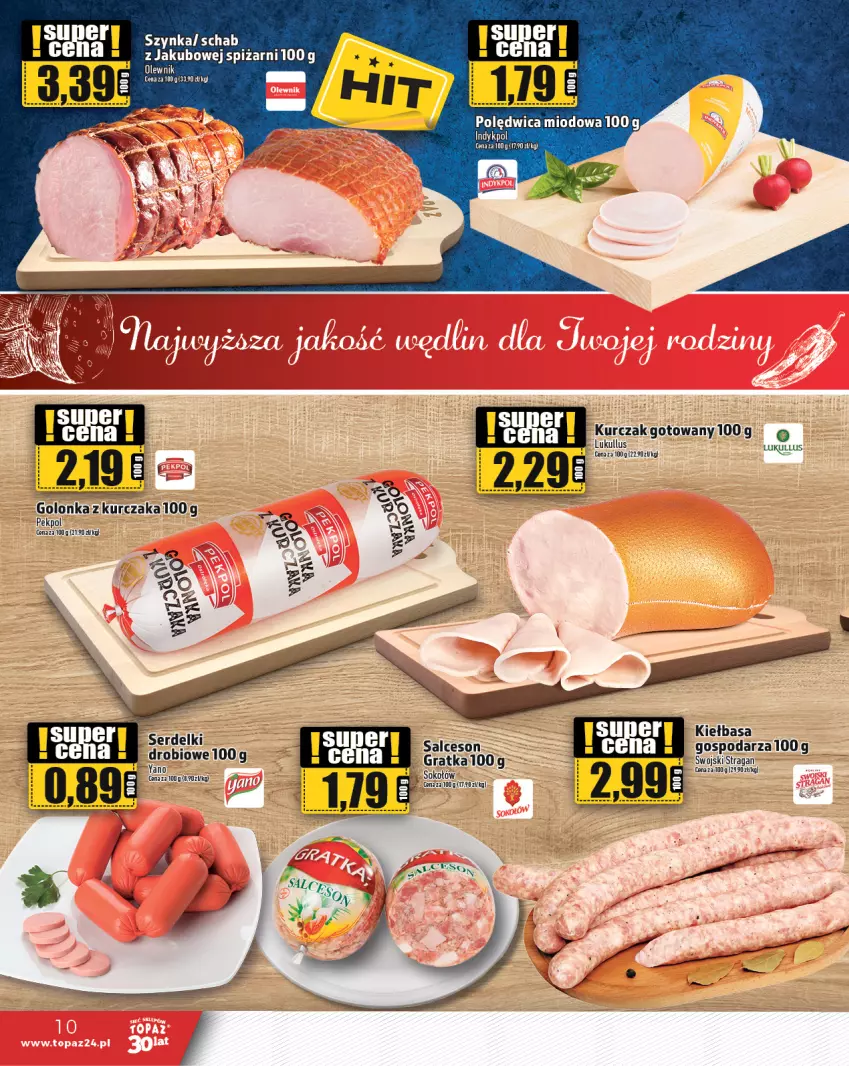 Gazetka promocyjna Topaz - Gazetka - ważna 06.07 do 12.07.2023 - strona 10 - produkty: Gra, Kiełbasa, Kurczak, Pekpol, Salceson, Sok, Sokołów, Szynka