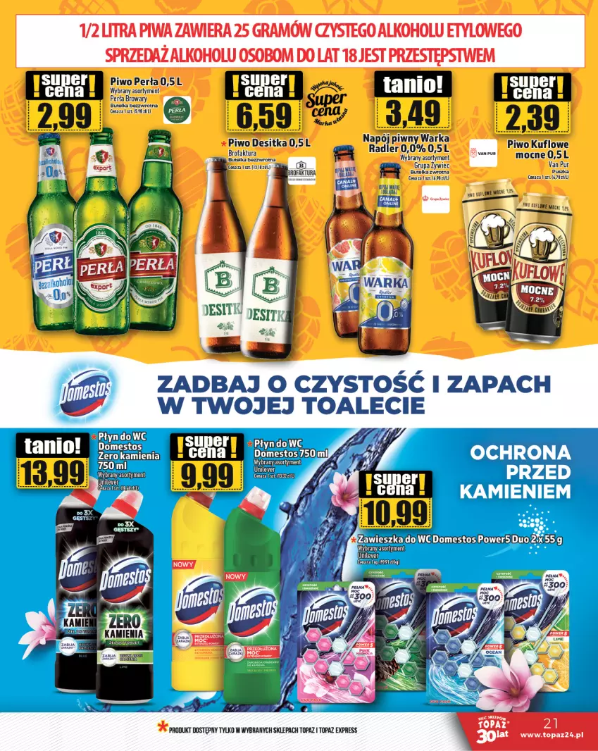 Gazetka promocyjna Topaz - Gazetka - ważna 06.07 do 12.07.2023 - strona 21 - produkty: Domestos, Fa, Gra, Napój, Perła, Piwa, Piwo, Radler, Top, Warka