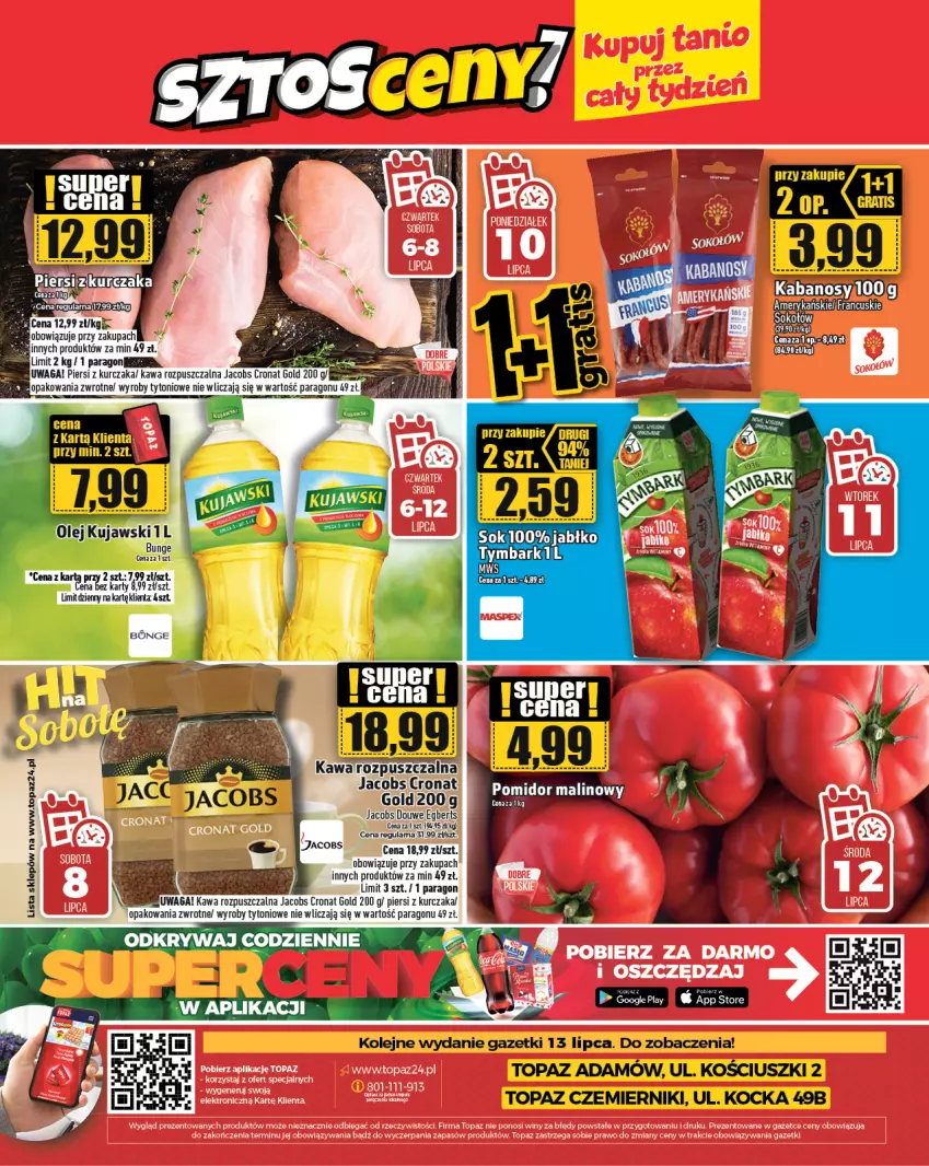 Gazetka promocyjna Topaz - Gazetka - ważna 06.07 do 12.07.2023 - strona 24 - produkty: Jacobs, Kabanos, Kawa, Kawa rozpuszczalna, Kurczak, Top, Waga