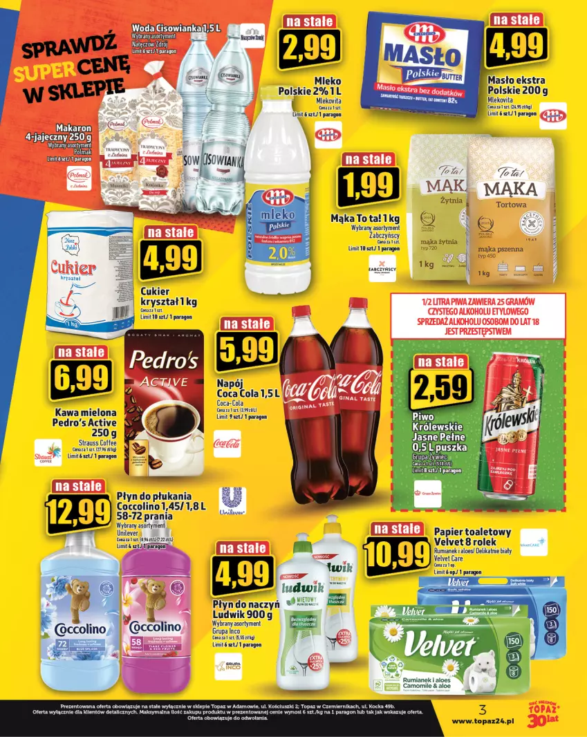 Gazetka promocyjna Topaz - Gazetka - ważna 06.07 do 12.07.2023 - strona 3 - produkty: Coca-Cola, Coccolino, Cukier, Kawa, Kawa mielona, Koc, Królewski, LG, Ludwik, Mąka, Mąka pszenna, Masło, Mleko, Mlekovita, Mus, Napój, Papier, Papier toaletowy, Płyn do płukania, Por, Rum, Top, Velvet, Vita C