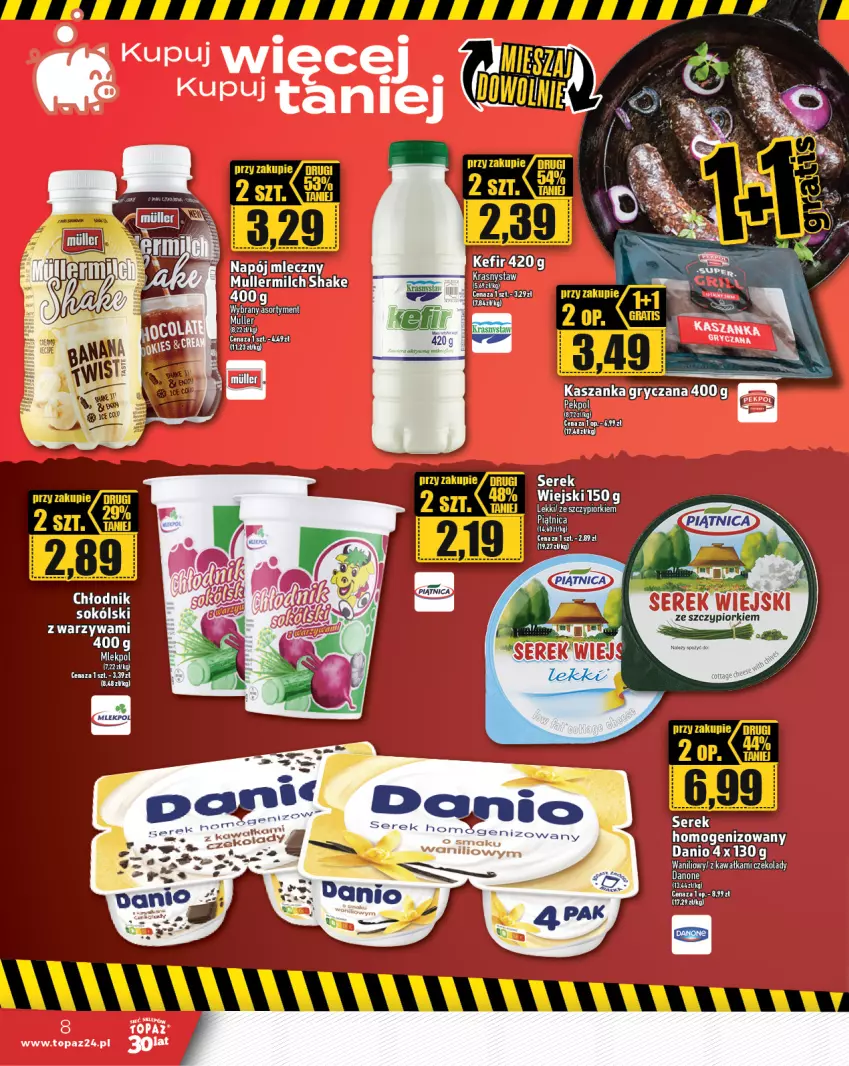 Gazetka promocyjna Topaz - Gazetka - ważna 06.07 do 12.07.2023 - strona 8 - produkty: Danio, Danone, Gry, Kasza, Kaszanka, Kawa, Napój, Napój mleczny, Piątnica, Ser, Serek, Sok, Top, Warzywa