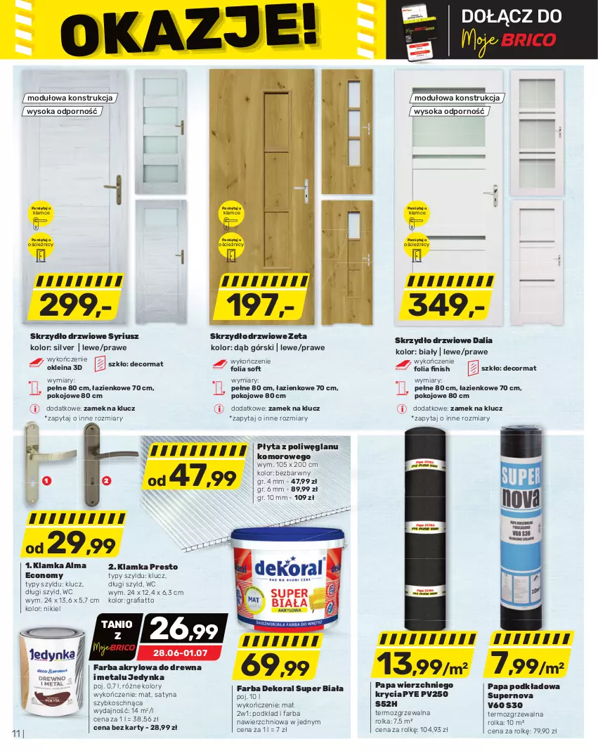 Gazetka promocyjna Bricomarche - Gazetka - ważna 28.06 do 08.07.2023 - strona 11 - produkty: Dekoral, Drzwi, Fa, Farba akrylowa, Gra, Klamka, Mięta, Płyta, Podkład, Por, Presto, Skrzydło drzwiowe, Sok