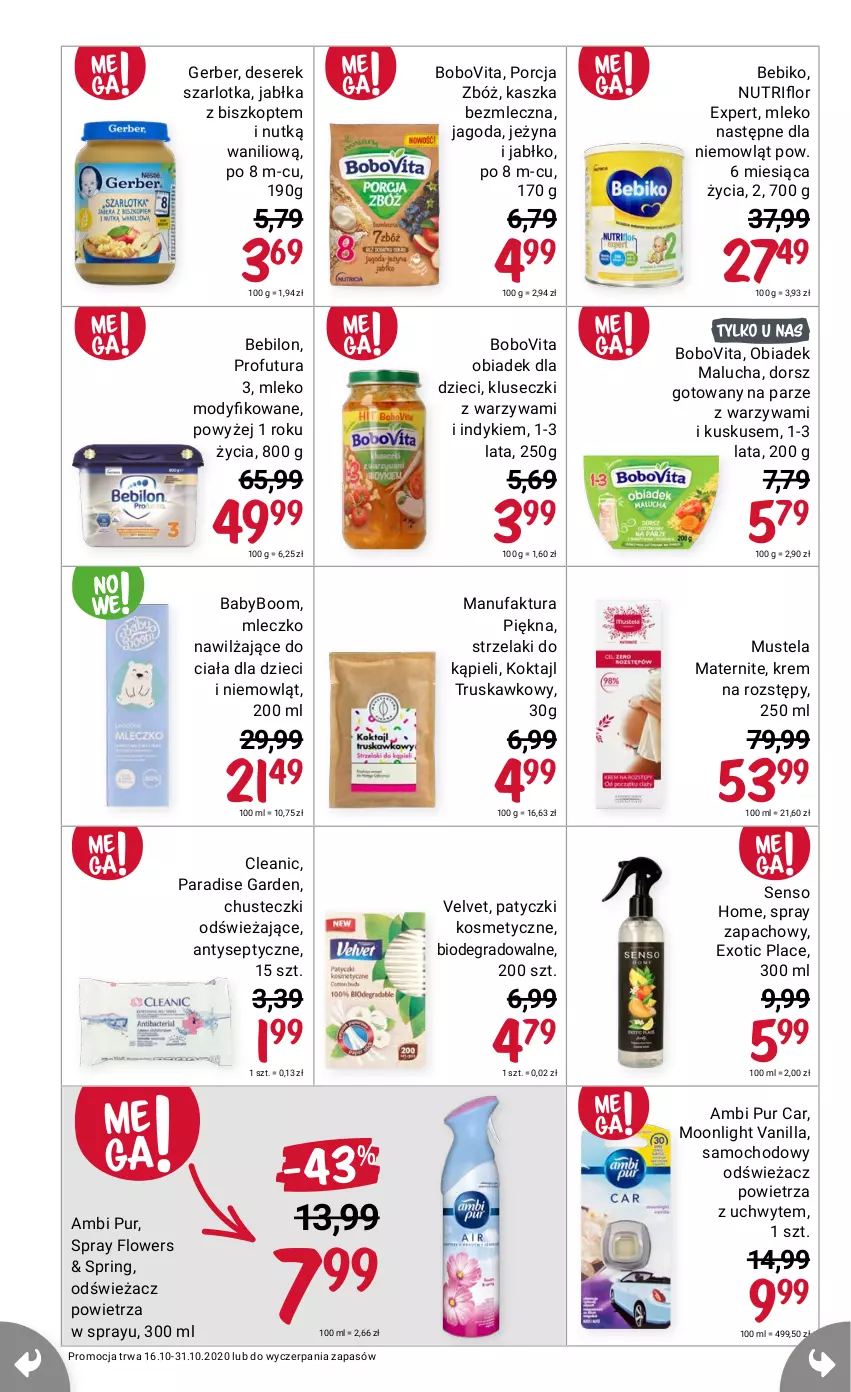 Gazetka promocyjna Rossmann - 16 październik - ważna 16.10 do 31.10.2021 - strona 12 - produkty: Ambi Pur, Bebiko, BoboVita, Chusteczki, Cleanic, Deser, Dorsz, Dzieci, Fa, Gerber, Gra, Kuskus, Mleczko, Mleko, Mus, Mustela, Patyczki kosmetyczne, Por, Pur, Ser, Serek, Velvet, Warzywa