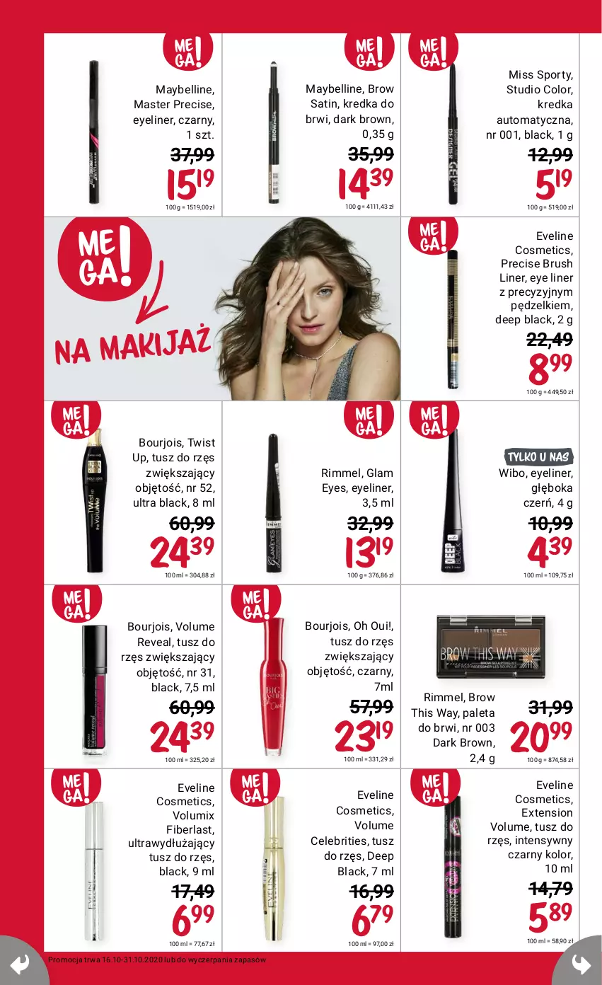 Gazetka promocyjna Rossmann - 16 październik - ważna 16.10 do 31.10.2021 - strona 2 - produkty: Bell, Bourjois, Brit, Eveline, Kredka, Kredka do brwi, Lack, Makijaż, Maybelline, Miss Sporty, Paleta, Por, Sati, Sport, Tusz, Wibo