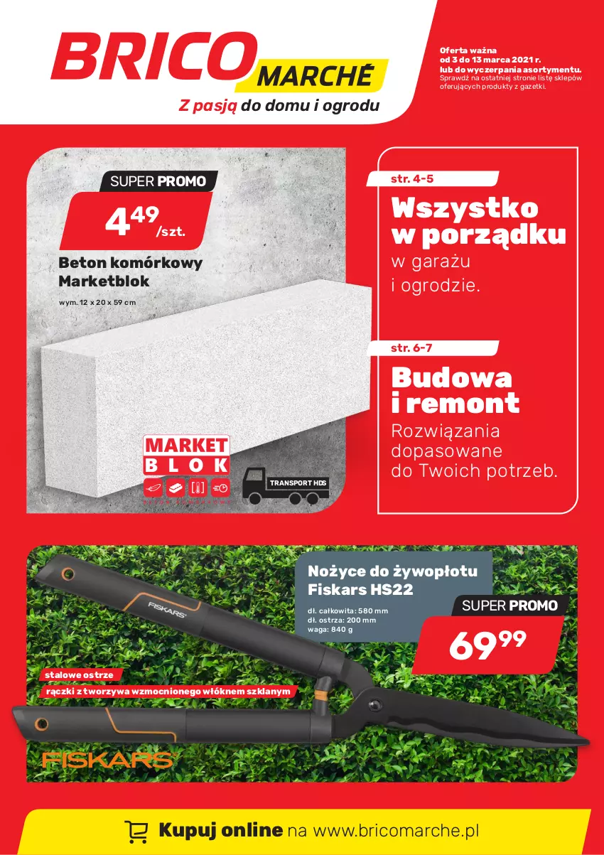 Gazetka promocyjna Bricomarche - Gazetka 
                    03.03
                    do
                    13.03 - ważna 03.03 do 13.03.2021 - strona 1 - produkty: Fiskars, Garaż, Noż, Nożyce, Por, Sport, Tran, Waga