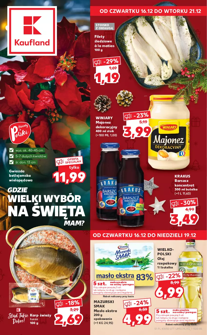 Gazetka promocyjna Kaufland - OFERTA TYGODNIA - ważna 16.12 do 21.12.2021 - strona 1 - produkty: Gwiazda, Karp, Krakus, Majonez, Masło, Olej, Olej rzepakowy, Tusz, Winiary