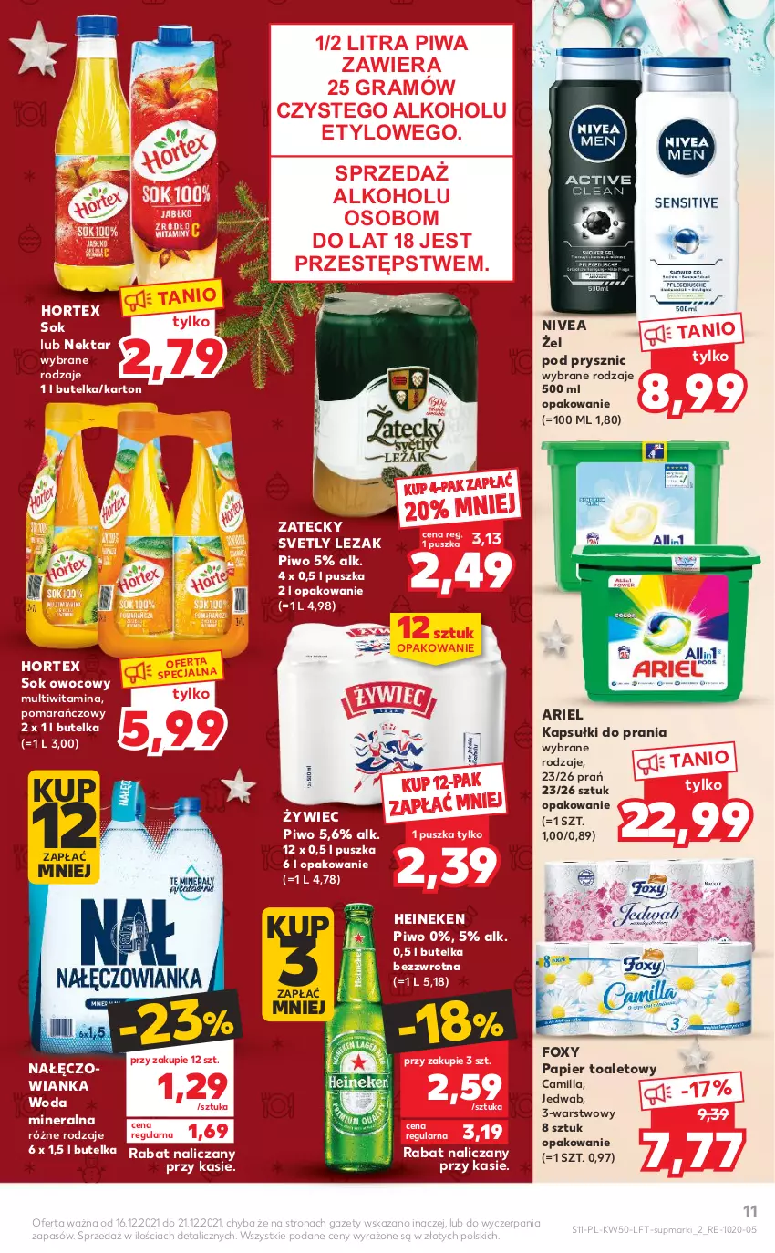 Gazetka promocyjna Kaufland - OFERTA TYGODNIA - ważna 16.12 do 21.12.2021 - strona 11 - produkty: Ariel, Foxy, Gra, Heineken, Hortex, Kapsułki do prania, Nałęczowianka, Nektar, Nivea, Papier, Papier toaletowy, Piwa, Piwo, Sok, Woda, Woda mineralna