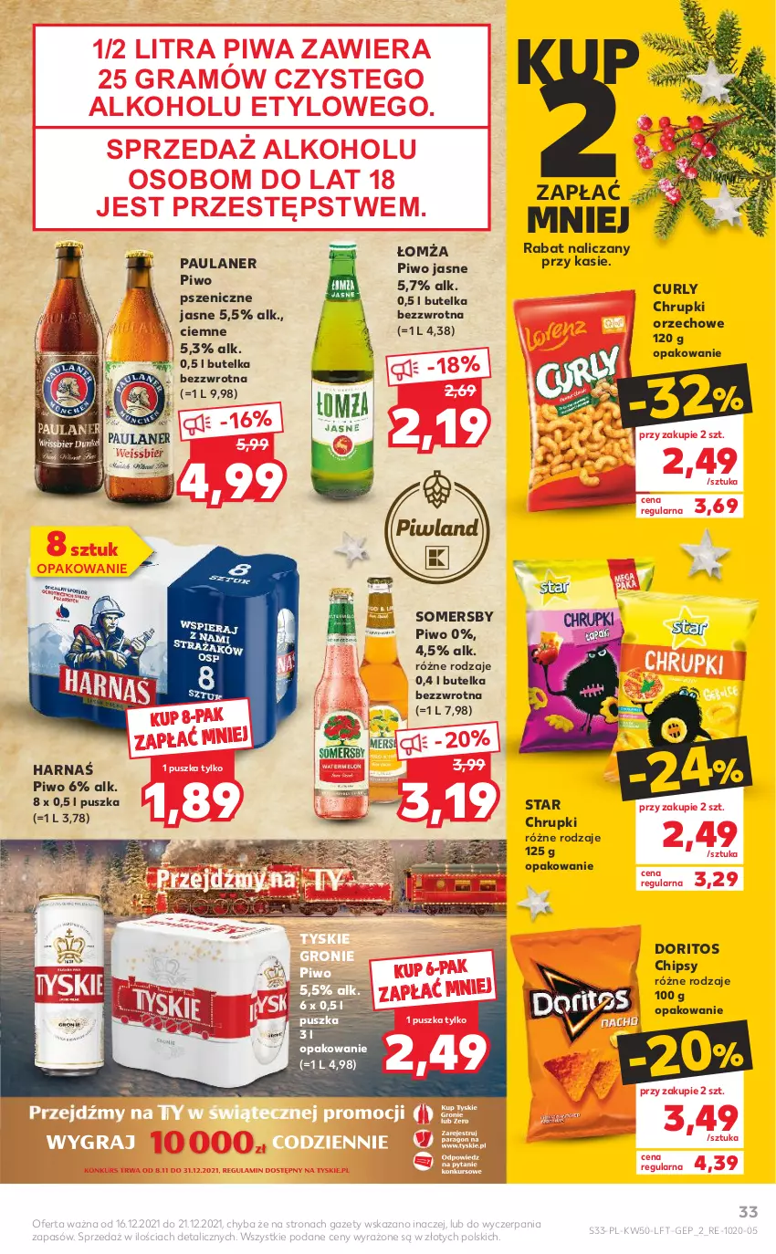 Gazetka promocyjna Kaufland - OFERTA TYGODNIA - ważna 16.12 do 21.12.2021 - strona 33 - produkty: Chipsy, Chrupki, Gra, Harnaś, Piwa, Piwo, Piwo jasne, Somersby, Tyskie