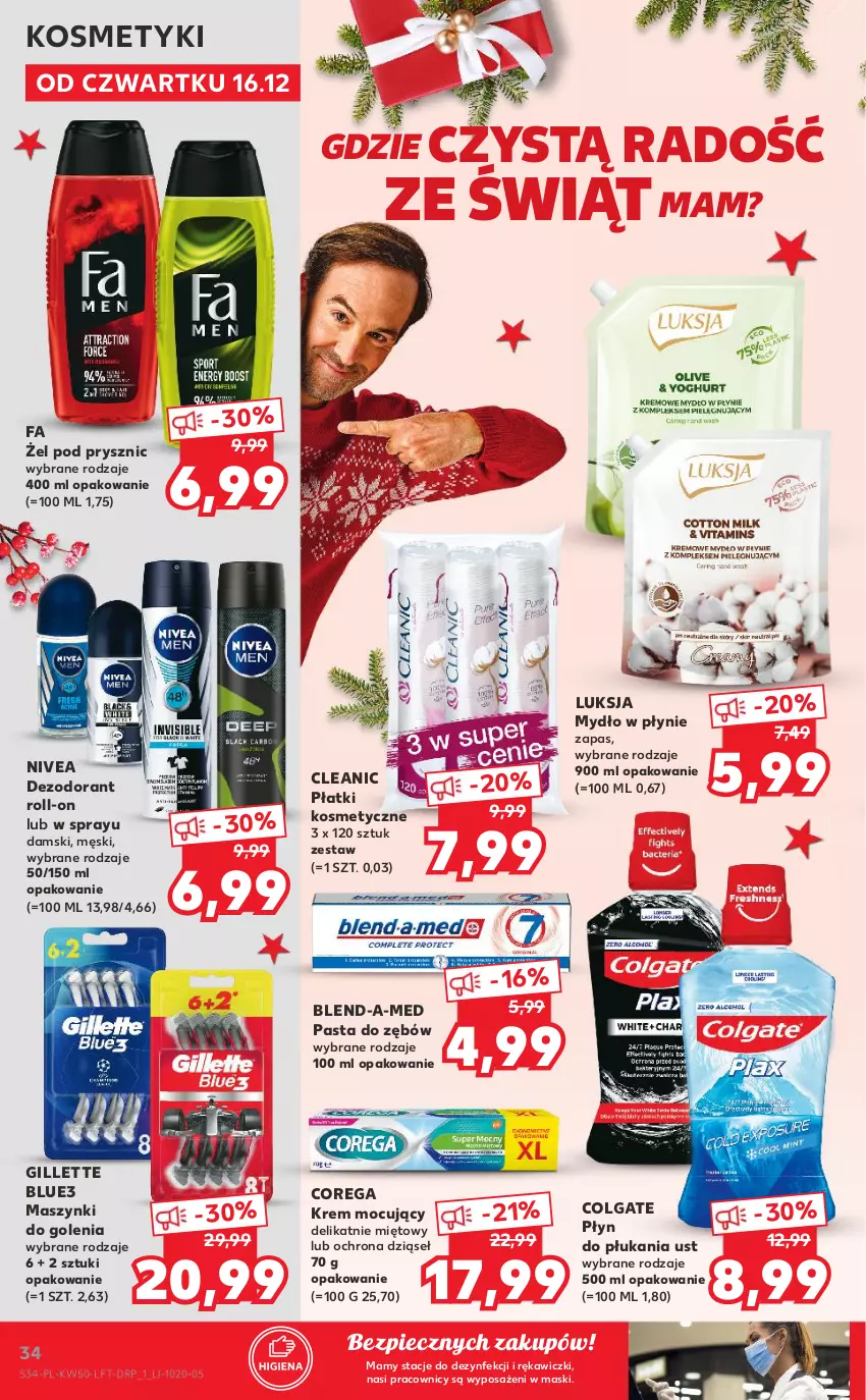 Gazetka promocyjna Kaufland - OFERTA TYGODNIA - ważna 16.12 do 21.12.2021 - strona 34 - produkty: Blend-a-Med, Cleanic, Colgate, Corega, Dezodorant, Fa, Gillette, LG, Luksja, Mydło, Mydło w płynie, Nivea, Pasta do zębów, Piec, Płatki kosmetyczne, Płyn do płukania