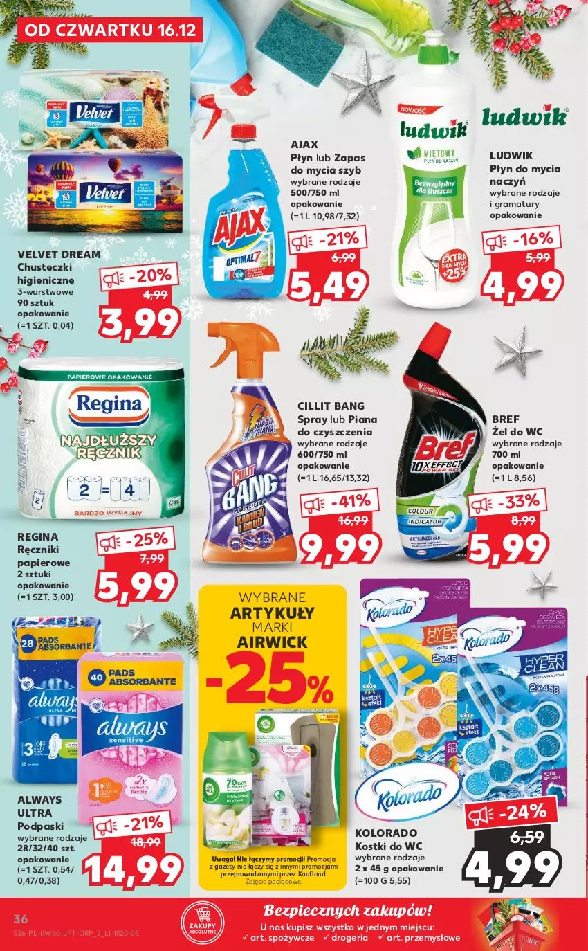 Gazetka promocyjna Kaufland - OFERTA TYGODNIA - ważna 16.12 do 21.12.2021 - strona 36 - produkty: Ajax, Always, Always Ultra, Bref, Chusteczki, Cillit Bang, Do mycia naczyń, Gin, Gra, Kolorado, Ludwik, Papier, Piec, Płyn do mycia, Płyn do mycia naczyń, Podpaski, Rama, Ręcznik, Ręczniki papierowe, Velvet, Waga