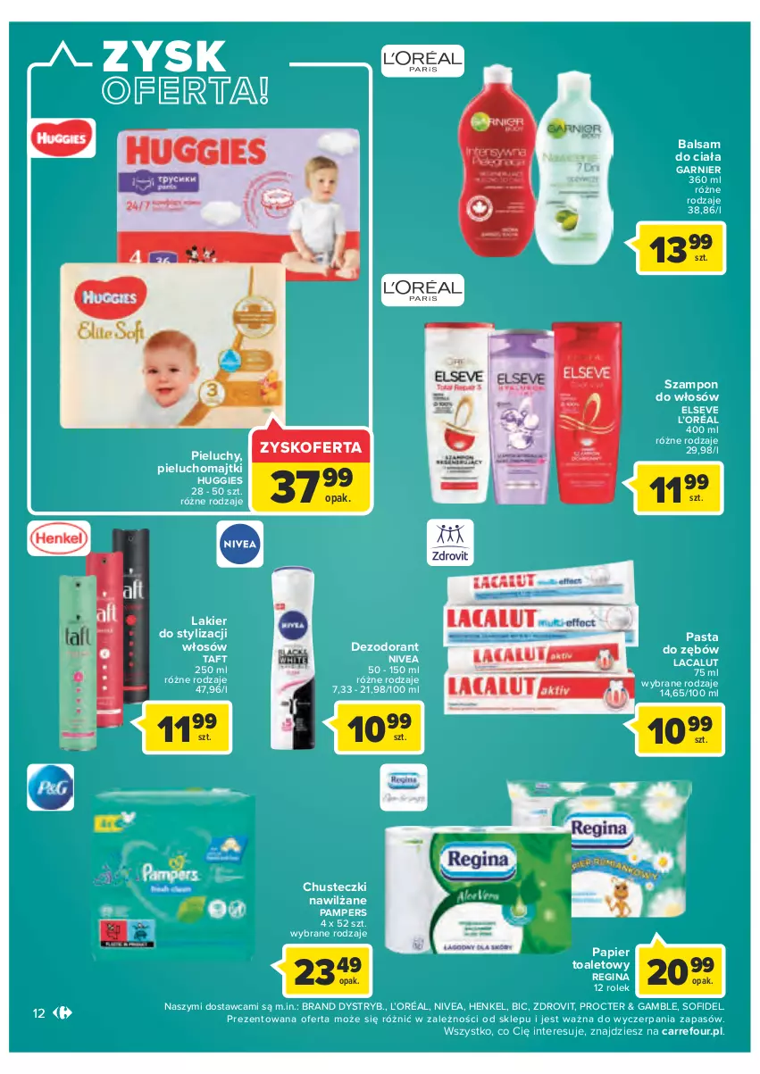 Gazetka promocyjna Carrefour - Gazetka Market - ważna 25.10 do 05.11.2022 - strona 12 - produkty: Balsam do ciała, BIC, Chusteczki, Dezodorant, Elseve, Garnier, Gin, Huggies, L’Oréal, Lacalut, Lakier, Majtki, Nivea, Pampers, Papier, Papier toaletowy, Pasta do zębów, Pieluchomajtki, Pieluchy, Szampon, Taft