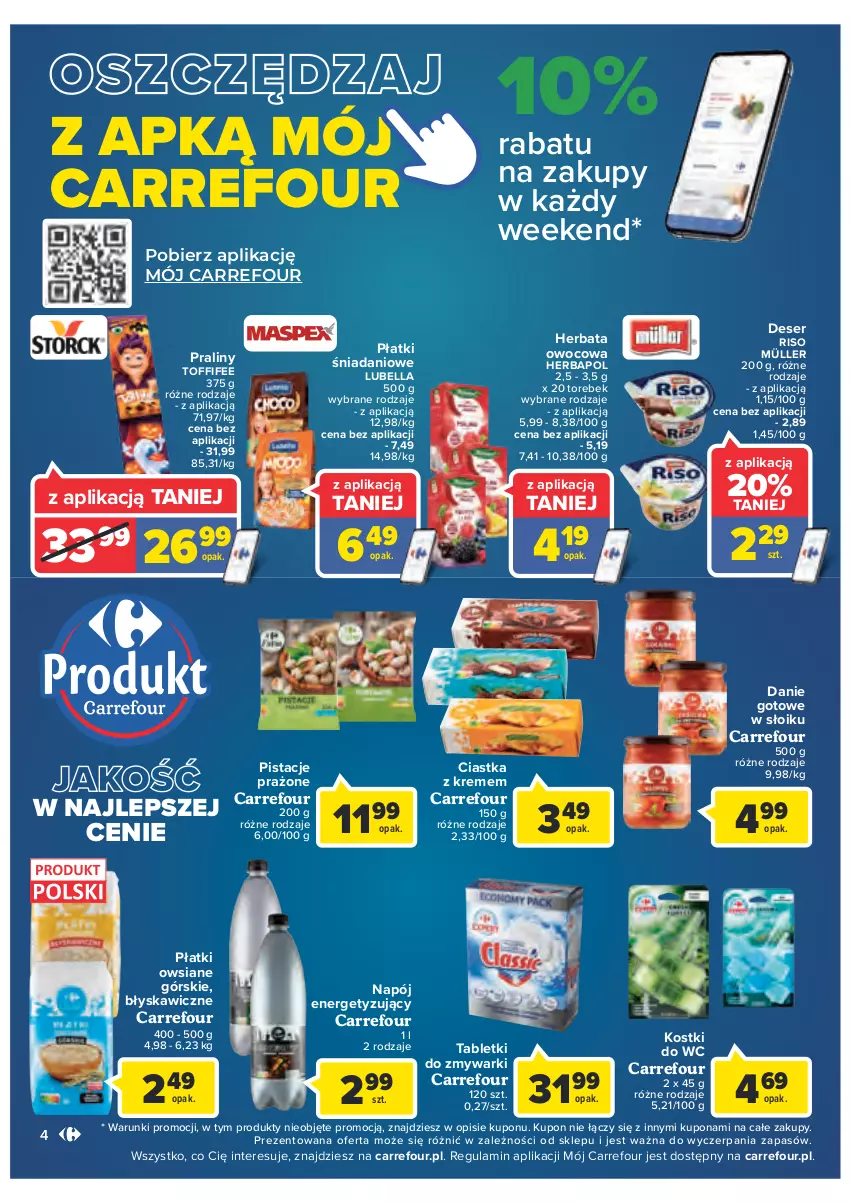 Gazetka promocyjna Carrefour - Gazetka Market - ważna 25.10 do 05.11.2022 - strona 4 - produkty: Bell, Bella, Ciastka, Danie gotowe, Danio, Deser, Herbapol, Herbata, Herbata owocowa, Lubella, Müller, Napój, Pistacje, Płatki owsiane, Praliny, Ser, Tablet, Tabletki do zmywarki, Toffifee, Zmywarki