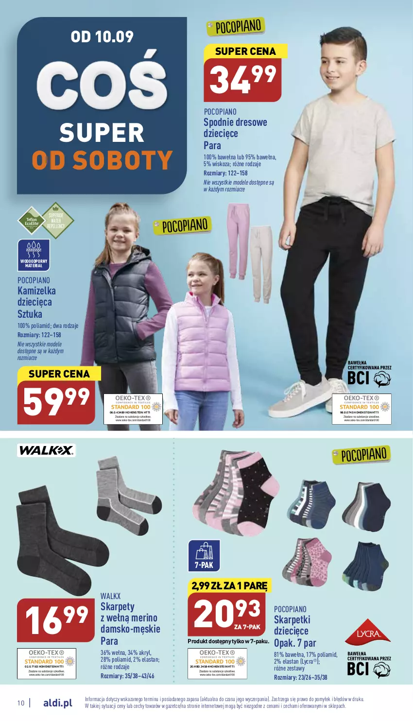 Gazetka promocyjna Aldi - Zaplanuj zakupy wcześniej - ważna 07.09 do 10.09.2022 - strona 10 - produkty: Dres, Dzieci, Kamizelka, Karp, Pocopiano, Por, Skarpetki, Spodnie, Spodnie dresowe, Wełna