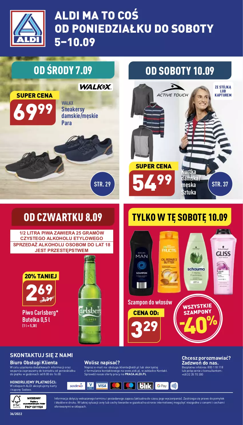 Gazetka promocyjna Aldi - Zaplanuj zakupy wcześniej - ważna 07.09 do 10.09.2022 - strona 14 - produkty: Biuro, Carlsberg, Gra, Kurtka, O nas, Piwa, Piwo, Por, Sneakersy, Szampon