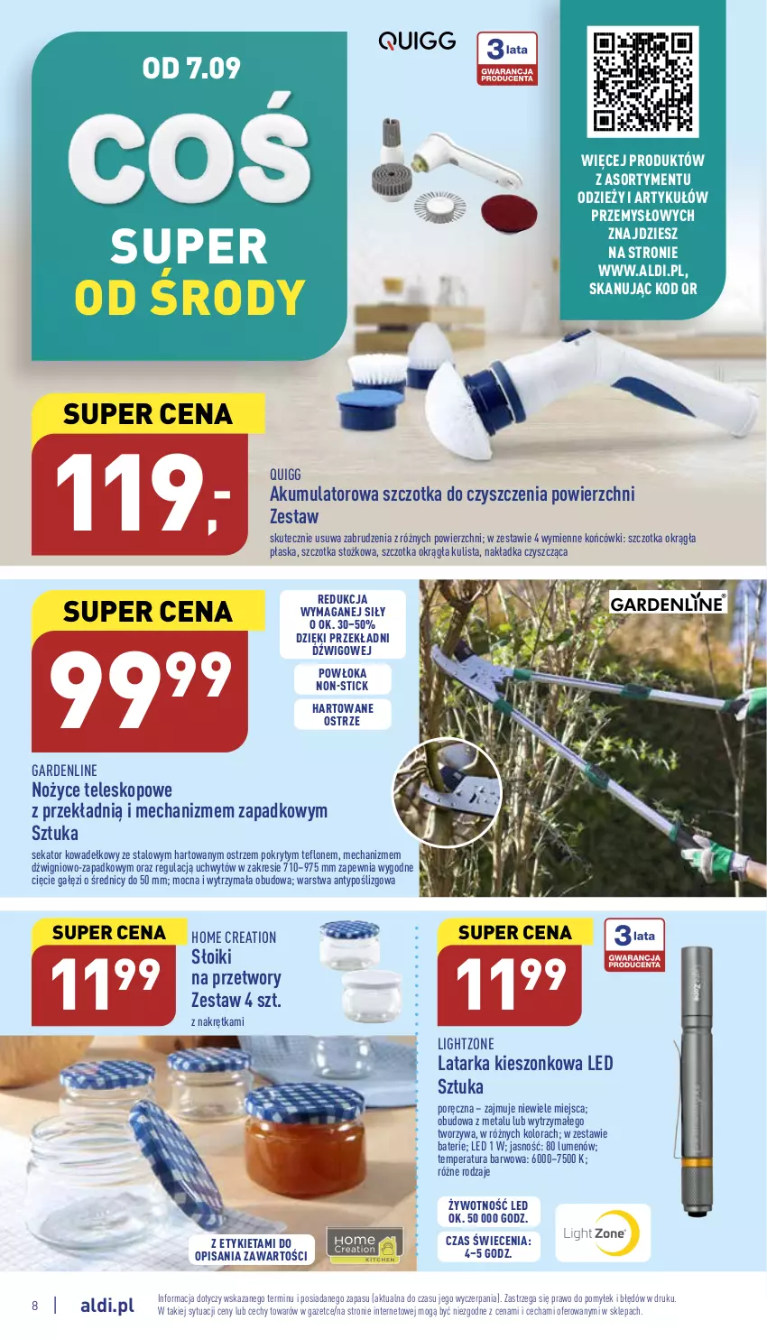 Gazetka promocyjna Aldi - Zaplanuj zakupy wcześniej - ważna 07.09 do 10.09.2022 - strona 8 - produkty: Akumulator, Dźwig, Latarka, Noż, Nożyce, Por, Sekator, Szczotka, Tarka, Teleskop