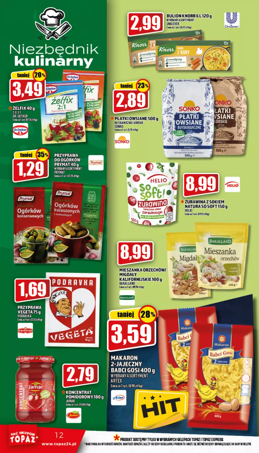 Gazetka promocyjna Topaz - Gazetka - ważna 14.07 do 20.07.2022 - strona 12 - produkty: Dr. Oetker, Helio, Makaron, Prymat, Sok, Top, Vegeta