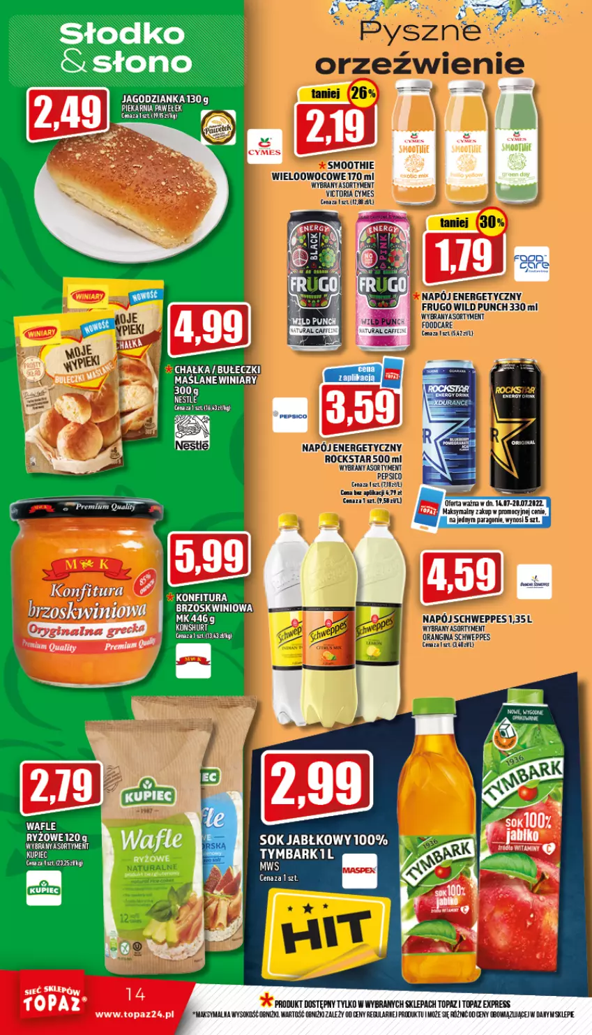 Gazetka promocyjna Topaz - Gazetka - ważna 14.07 do 20.07.2022 - strona 14 - produkty: Anew, Bułeczki, Jagodzianka, Konfitura, Sok, Sok jabłkowy, Top, Wafle, Winiary